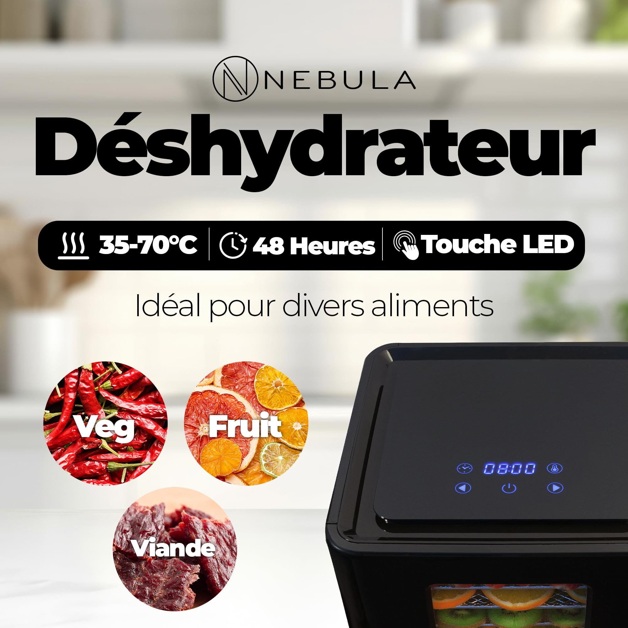 Nebula Déshydrateur Alimentaire 400W Avec 6 Plateaux En Acier Inoxydable | Déshydrateur Alimentaire Numérique Pour Fruits, Légumes, Viande Et Herbes Aromatiques – Minuterie LED Et Température Réglable