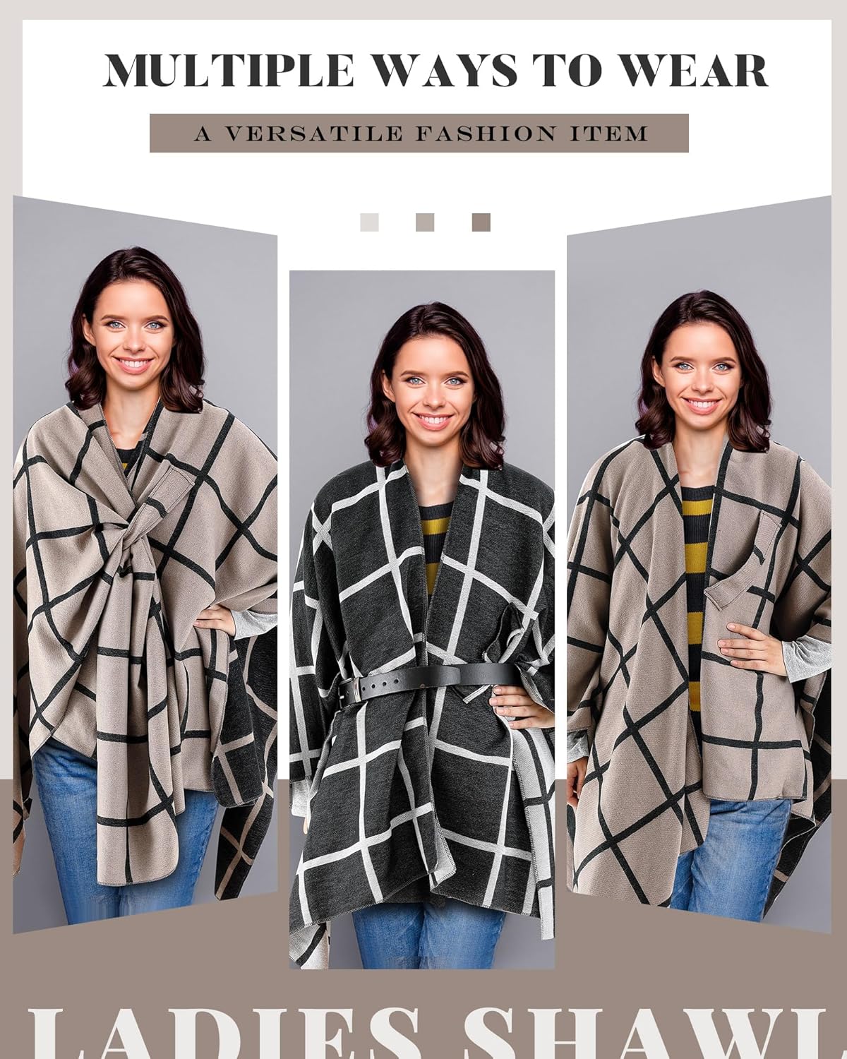 Jecery 2 Pack Women's Shawl Open Front Cardigan Women's Plaid Poncho Blanket for Wedding Travel Fall Winter Holiday Gifts