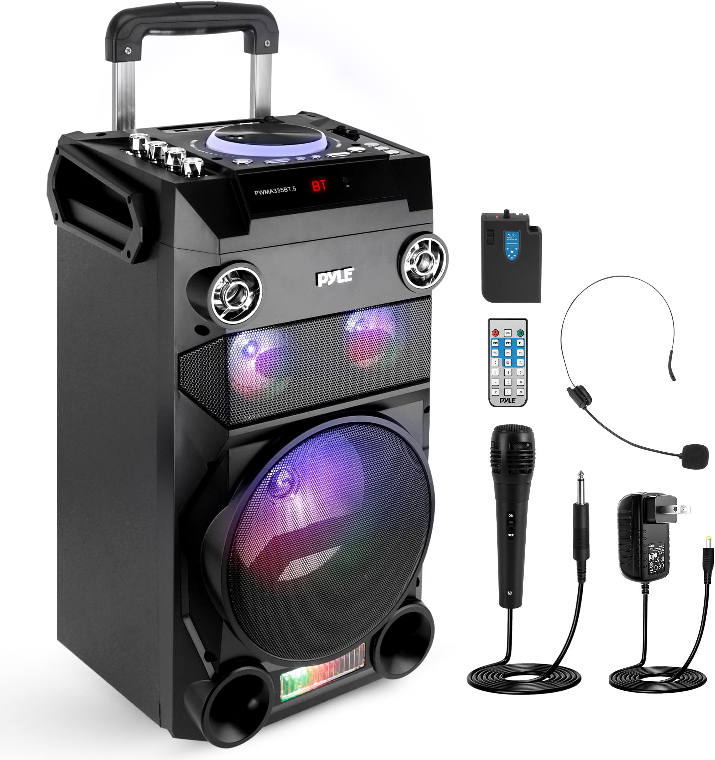 Portable Wireless Bluetooth Karaoke PA Loud Speaker - 8'' Subwoofer Sound System with DJ Lights, Rechargeable Battery, FM Radio, USB/Micro SD Reader, Microphone, Remote, Black