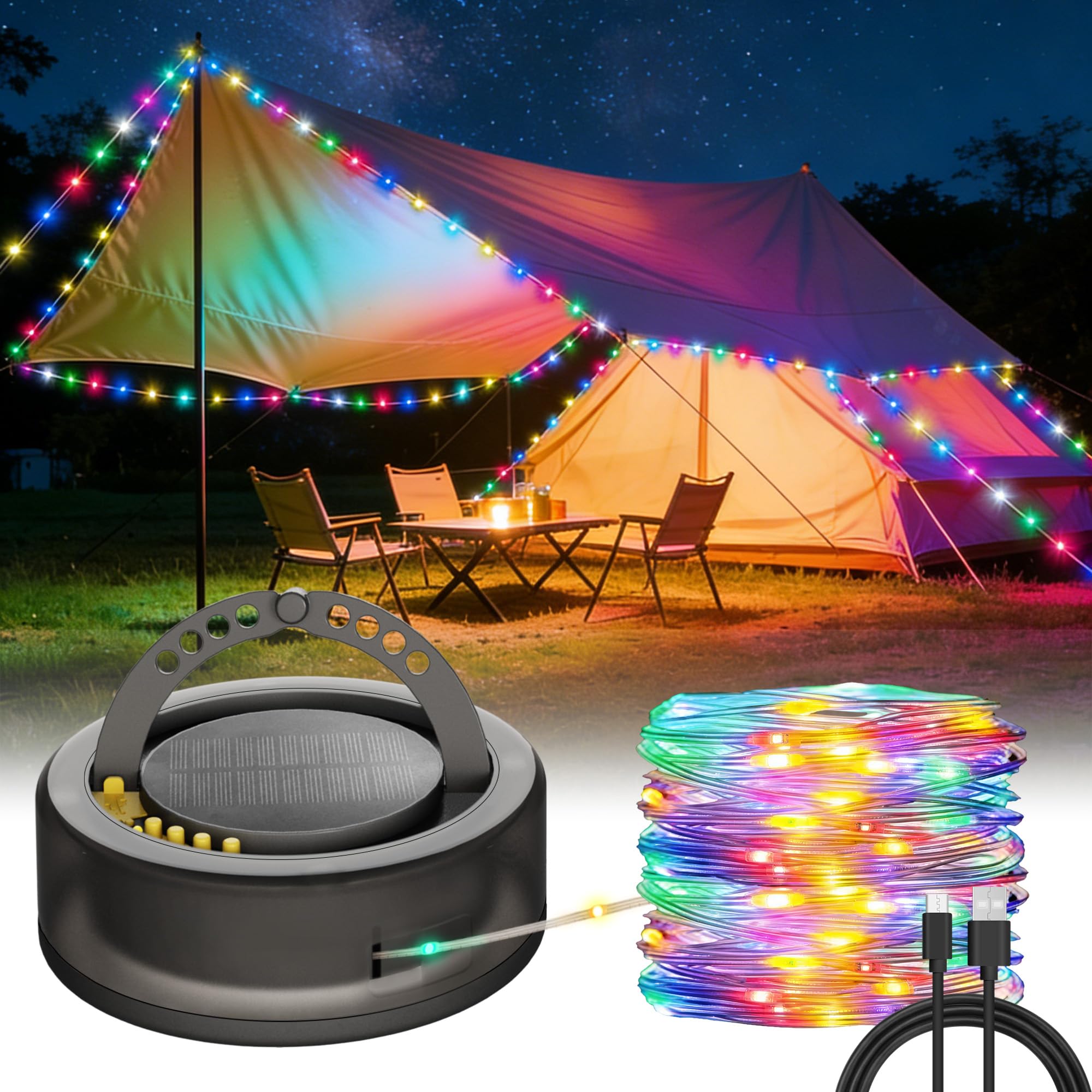 Lot de 2 guirlandes lumineuses solaires de camping 5200 mAh, lot de 2 guirlandes lumineuses portables RVB de 10 m, 4 en 1, étanche, chargeur de téléphone rechargeable USB-C pour décoration de Noël