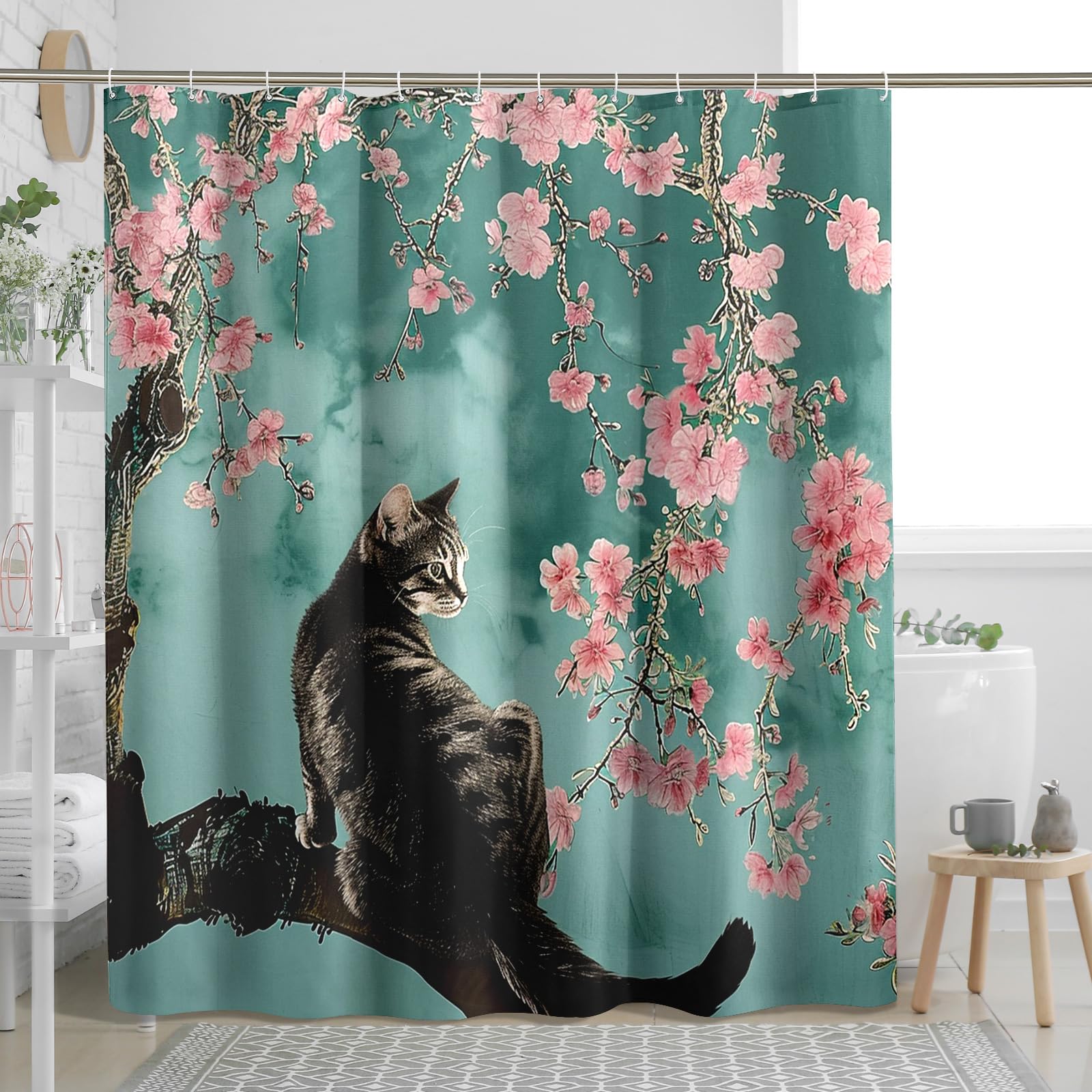 cat Shower Curtain Cherry Blossoms Flower Aesthetic Asian Art Tree Natural Cloud Teal Polyester Fabric Waterproof Bathroom Outdoor Dorm Indoor for Bathtub Shower Curtain with 12 Hooks 72x78inch