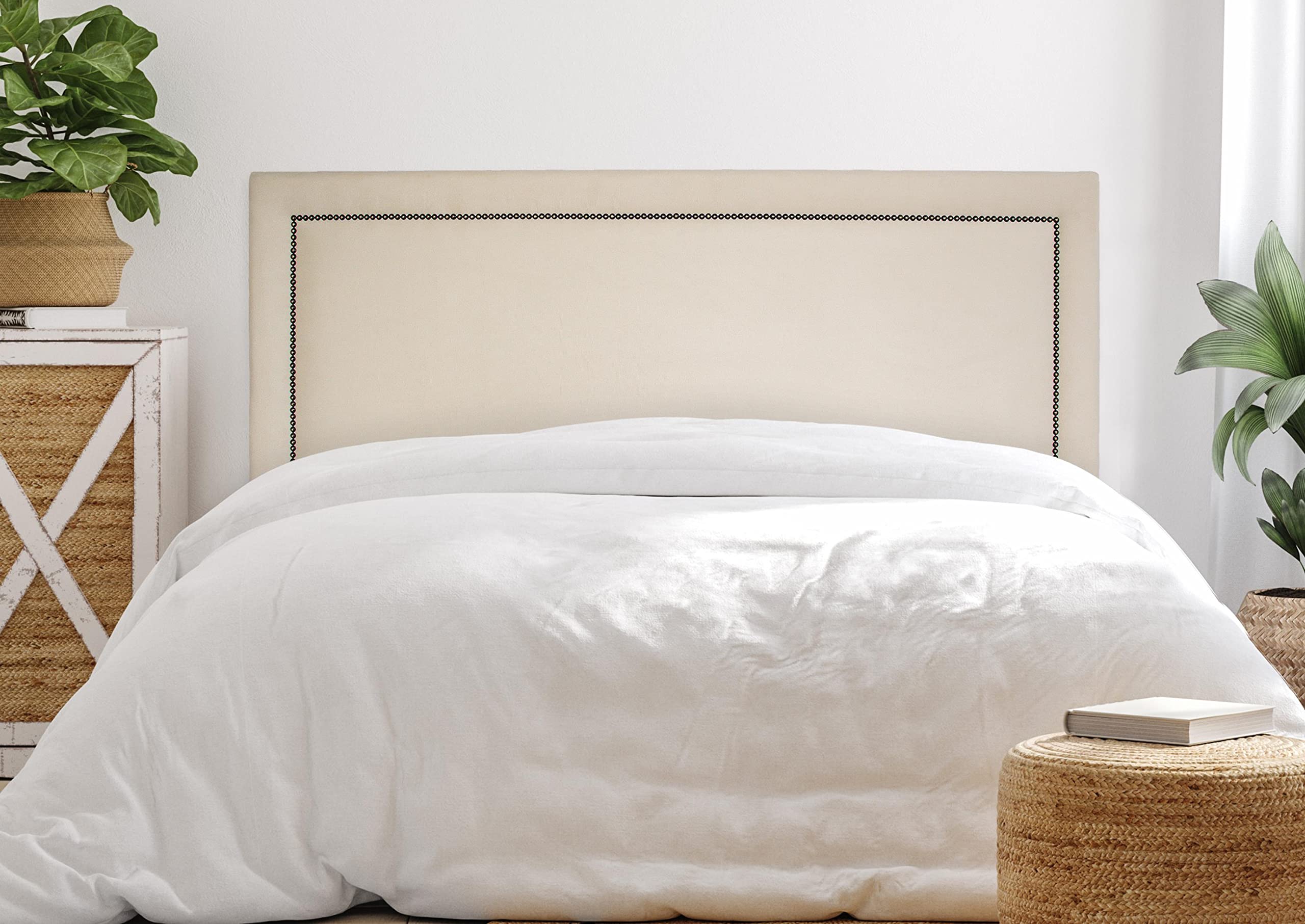 Cabeceira Queen Reta Luxo 160x60 Suede Off White - Tachas Fumê