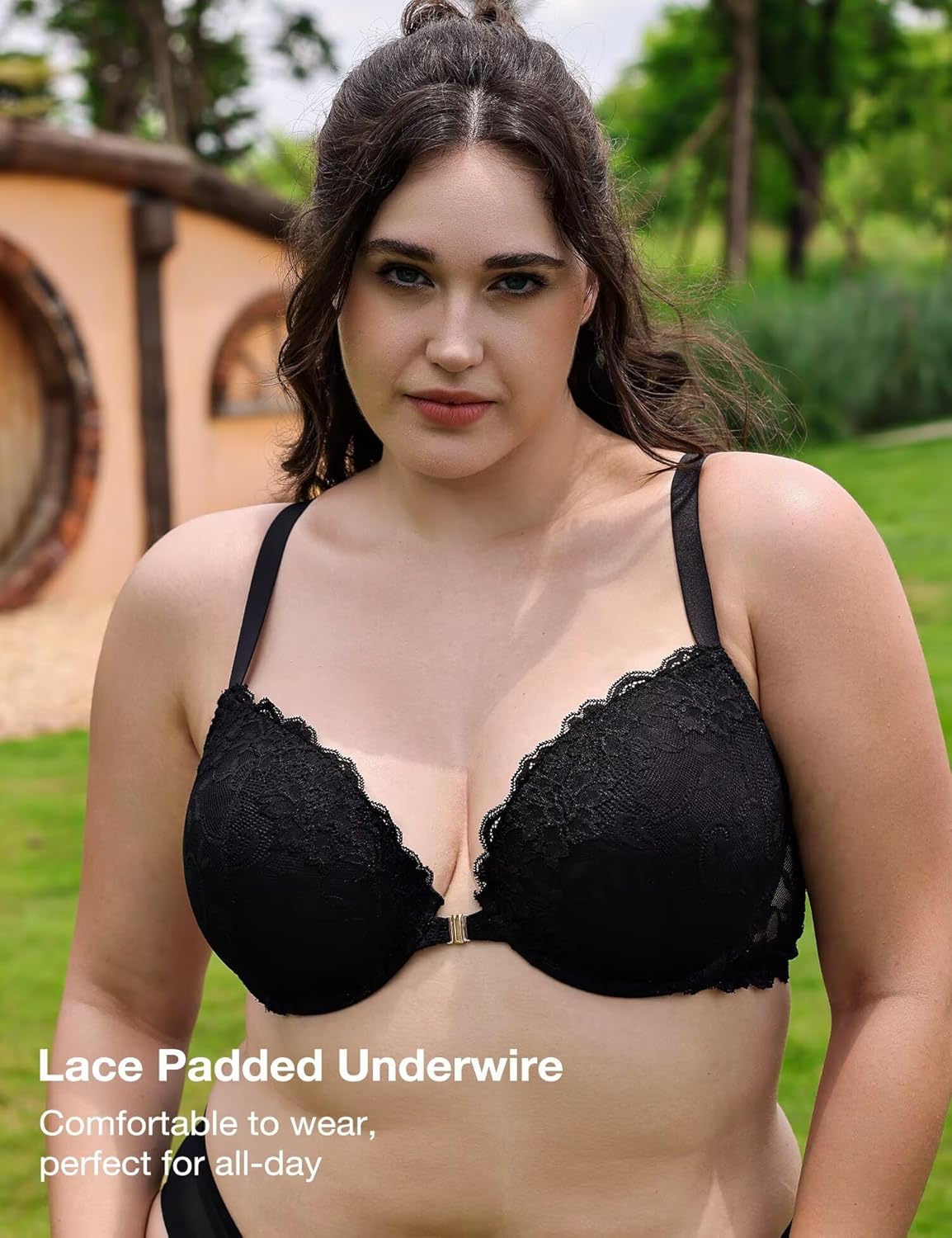 Deyllo Women's Front Closure Bras Lace Racerback Padded Push Up Bra Underwire Plunge(Black,38DD) - Image 2