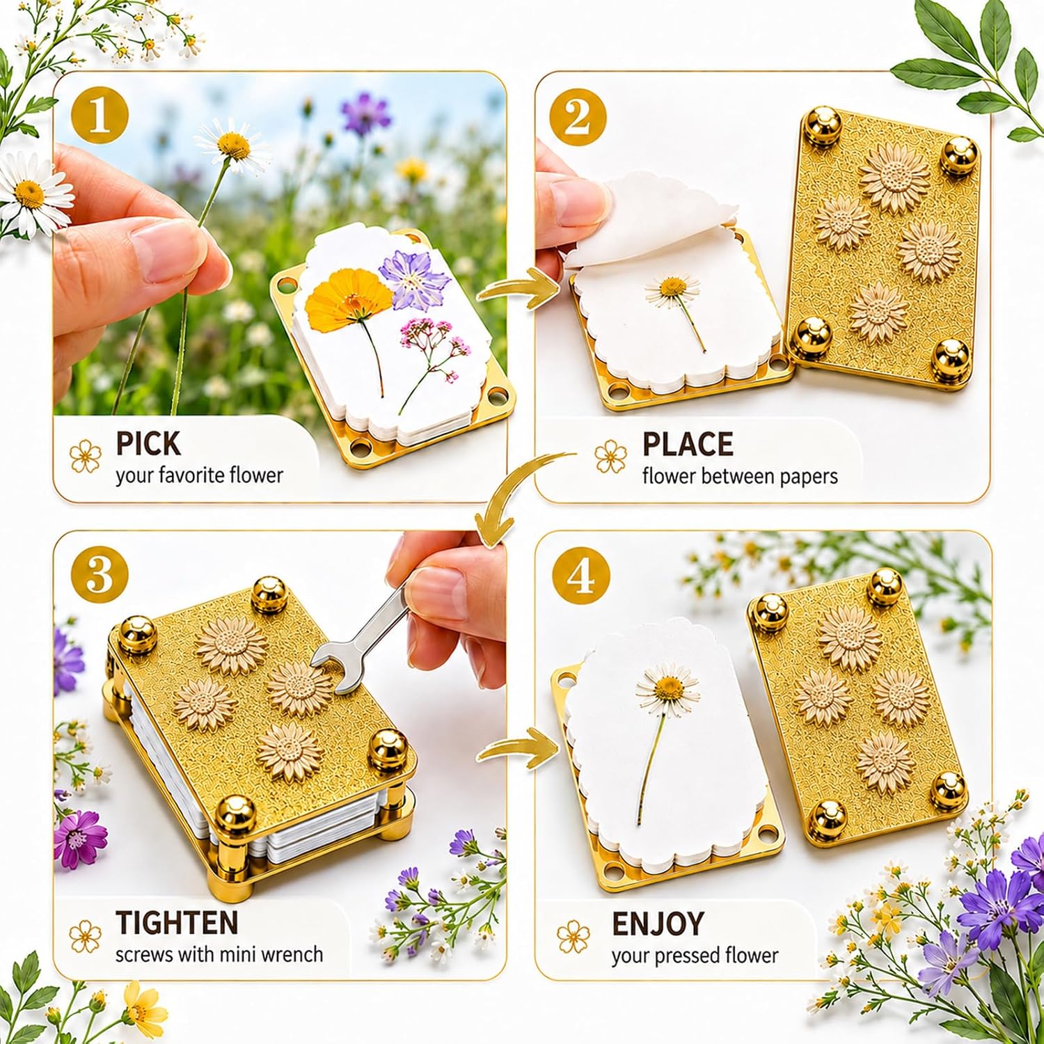 Flower Press Keychain, Portable Botanical Preservation Kit, Sunflower | Mini Pocket Tool for Pressed Flowers, Journaling, Scrapbooking, Resin Art & DIY Crafts with 20 Reusable Blotting Papers
