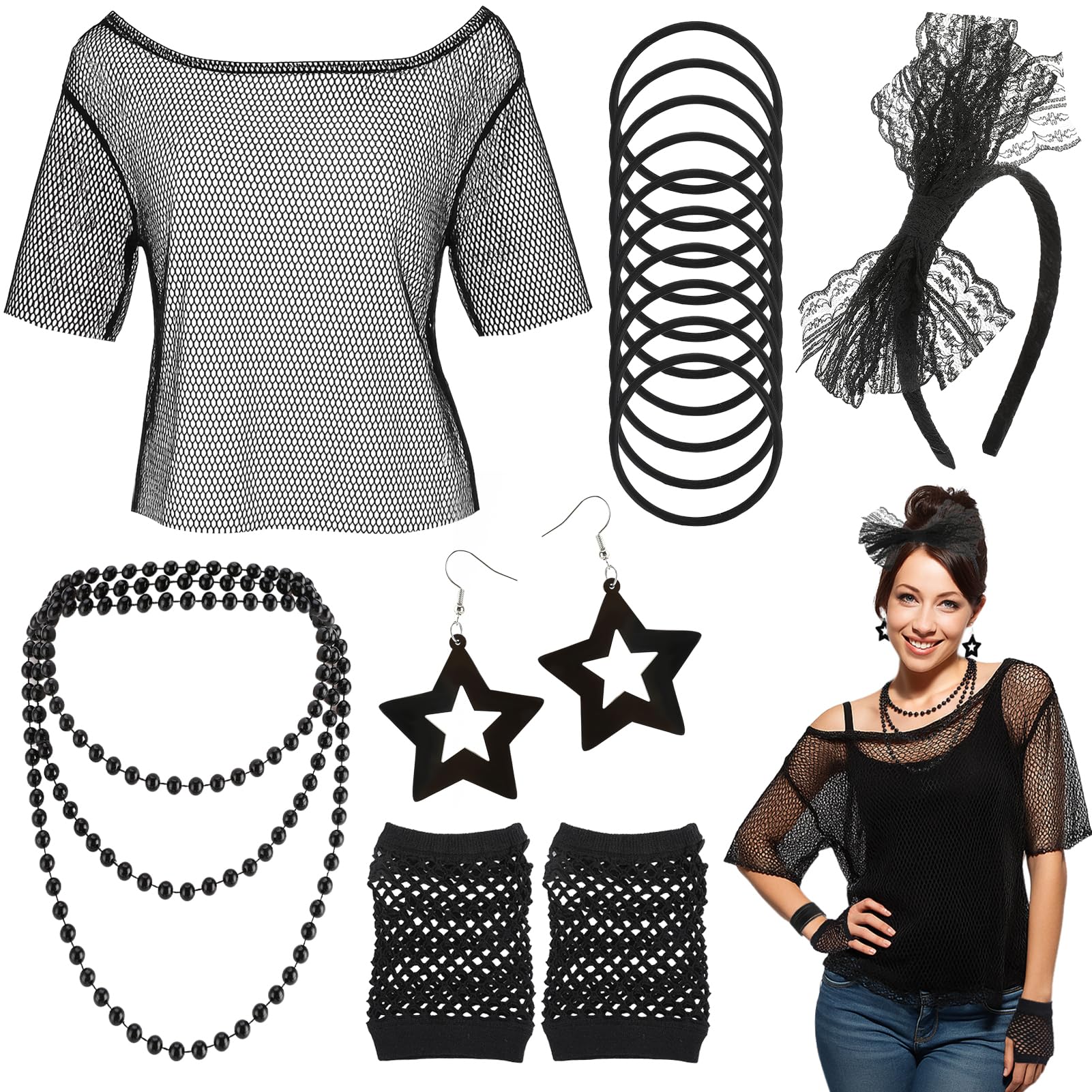 GSrenyu 17 Pcs Black 80s Accessories for Women Girls, 80s Outfits Costume with Fishnet Top, Fishnet Gloves, Lace Headband, Earrings, Necklace & Bracelet for Retro Party, Dress up Day
