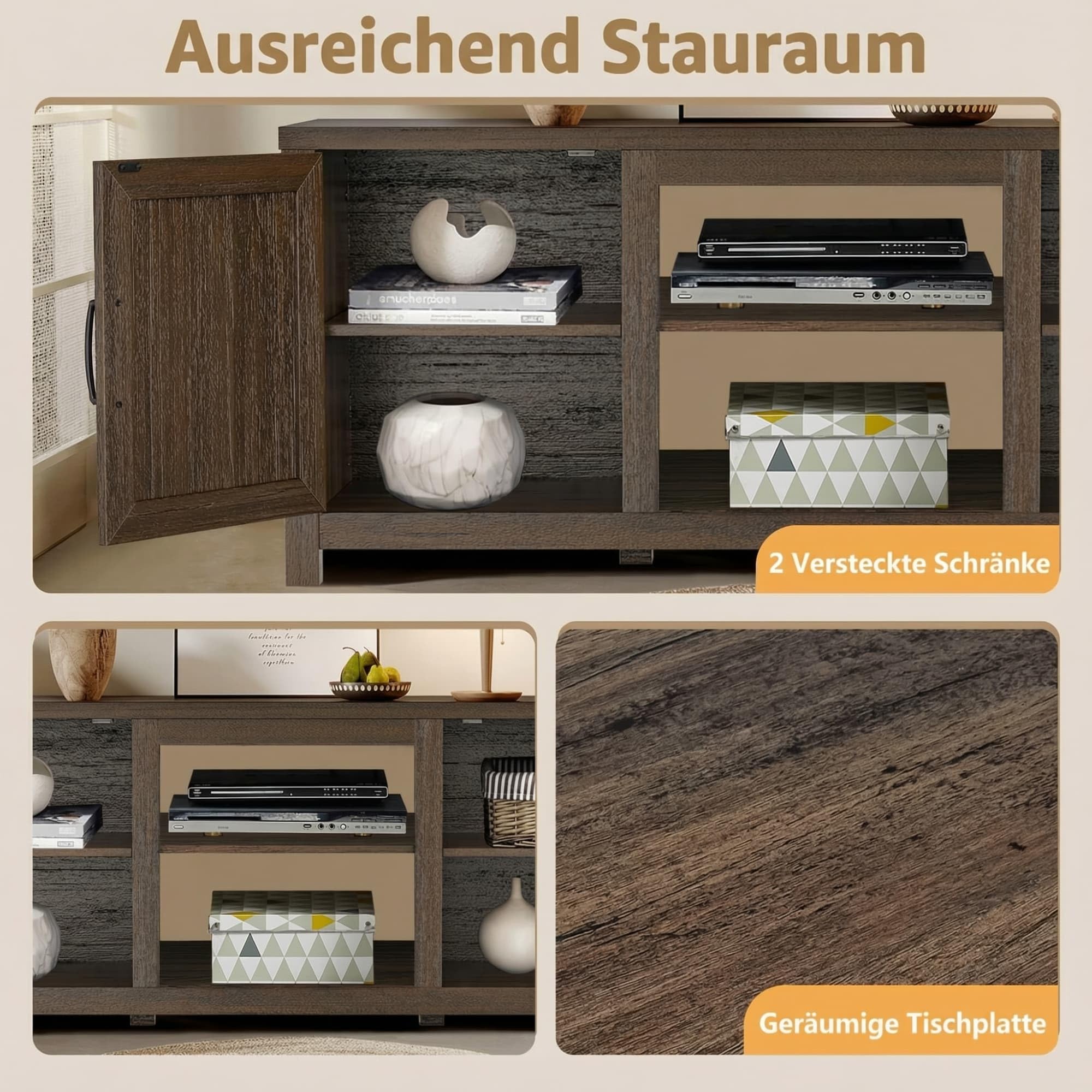 Parrot Uncle 58 Zoll TV-Ständer für Fernseher bis 65 Zoll, Media-Entertainment-Center mit Aufbewahrungsschränken, Braun moderner TV-Schrank für Wohnzimmer