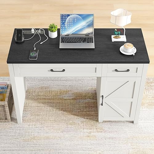 Miniatura 6 de Vabches Escritorio ejecutivo Farmhouse de 47 pulgadas, escritorios para computadora con cajones y armario de almacenamiento, escritorio de
