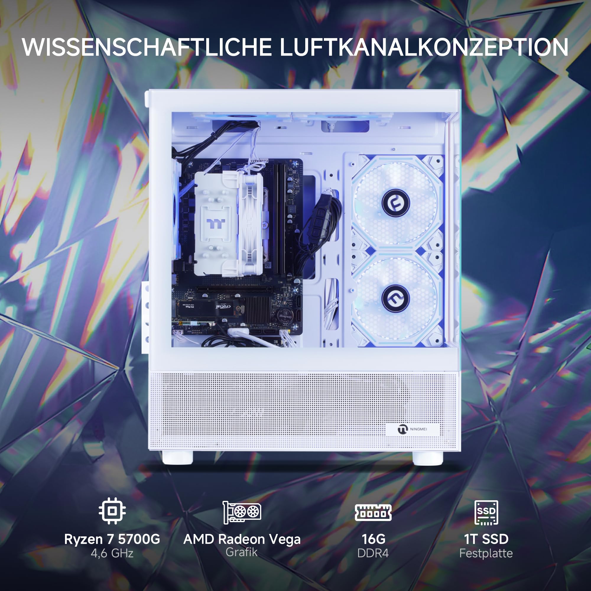 NINGMEI Leistungsstarker Gaming- & Produktivitäts-Desktop-PC mit AMD Ryzen 7 5700G, 16 GB DDR4-RAM, 1 TB NVMe-SSD, Windows 11 Home, Fertiger Tower für Gaming, Streaming und kreative Arbeiten