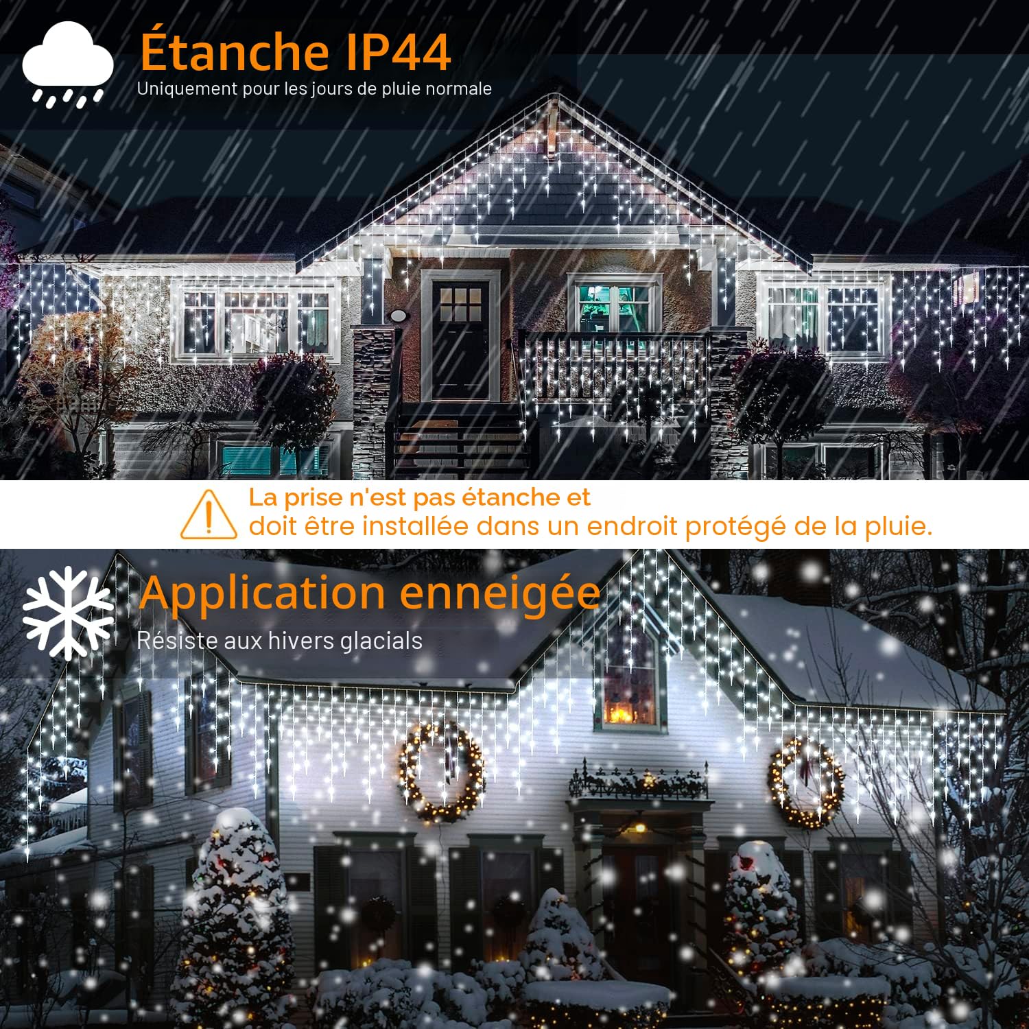 Guirlande lumineuse d'extérieur pour balcon, blanc froid, pluie glacée, éclairage de Noël, 10 m, 479 LED, 8 modes, décoration de Noël en plein air, pour avant-toit, fenêtre, porte, jardin