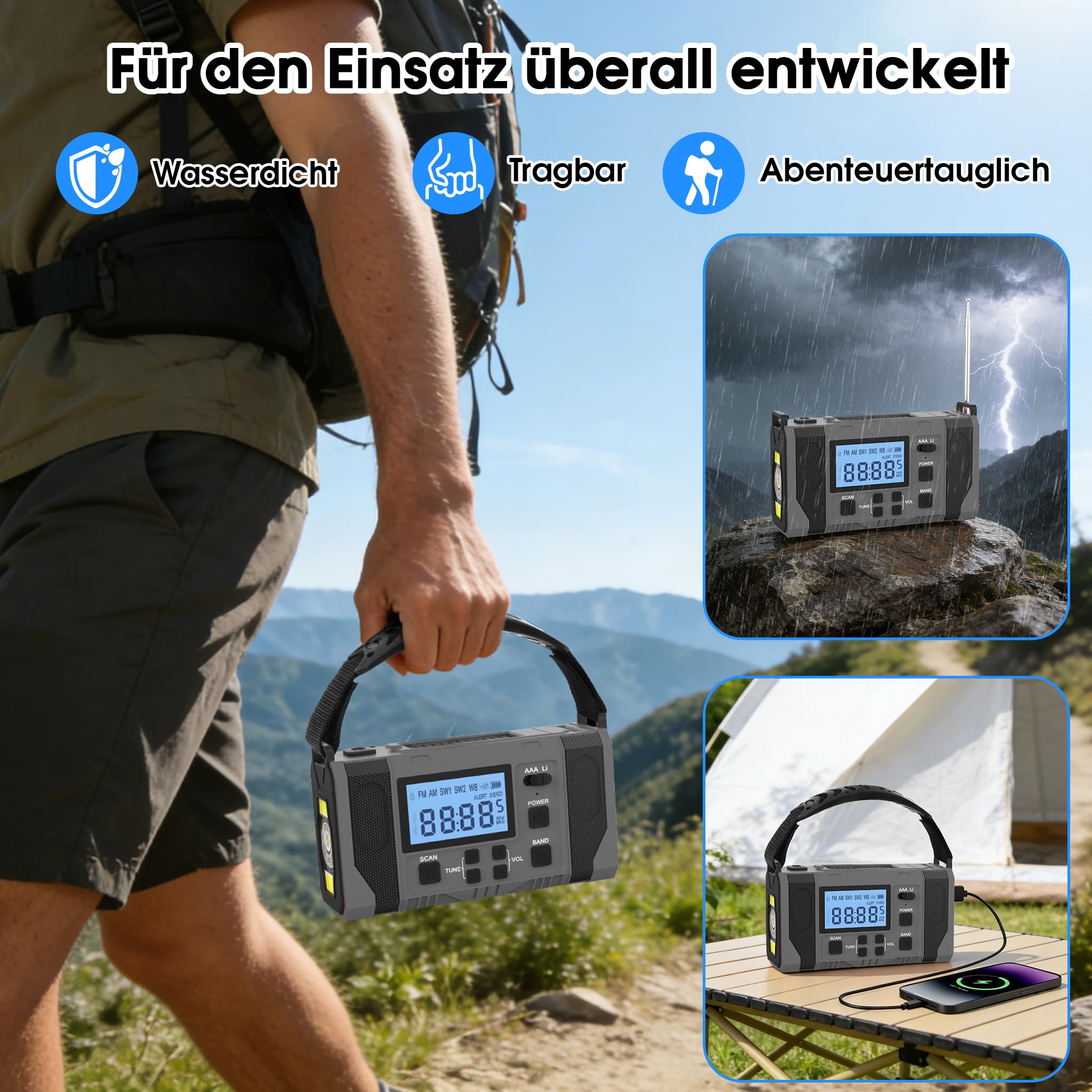 Notfall-Solar Radio, 10000mAh Notfall Kurbelradio, AM/FM Radio, Taschenlampe+ Leselicht, SOS-Alarm, Powerbank, 3-Ladearten (Solar/USB/Handkurbel), für Camping/Wandern/Stromausfall,Grau