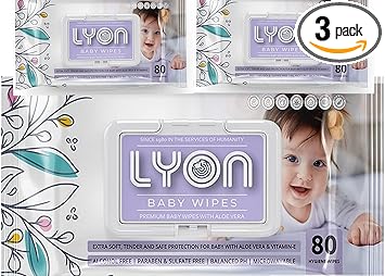 Lyon Baby Wipes Premium Soft Cleansing with Enriched Aloe Vera and Vitamin E, Dermatologically Tested, Ph-Balanced Formula, Free from Alcohol, Silicones, Phthalates and Parabens (240 Wipes) Pack of 3