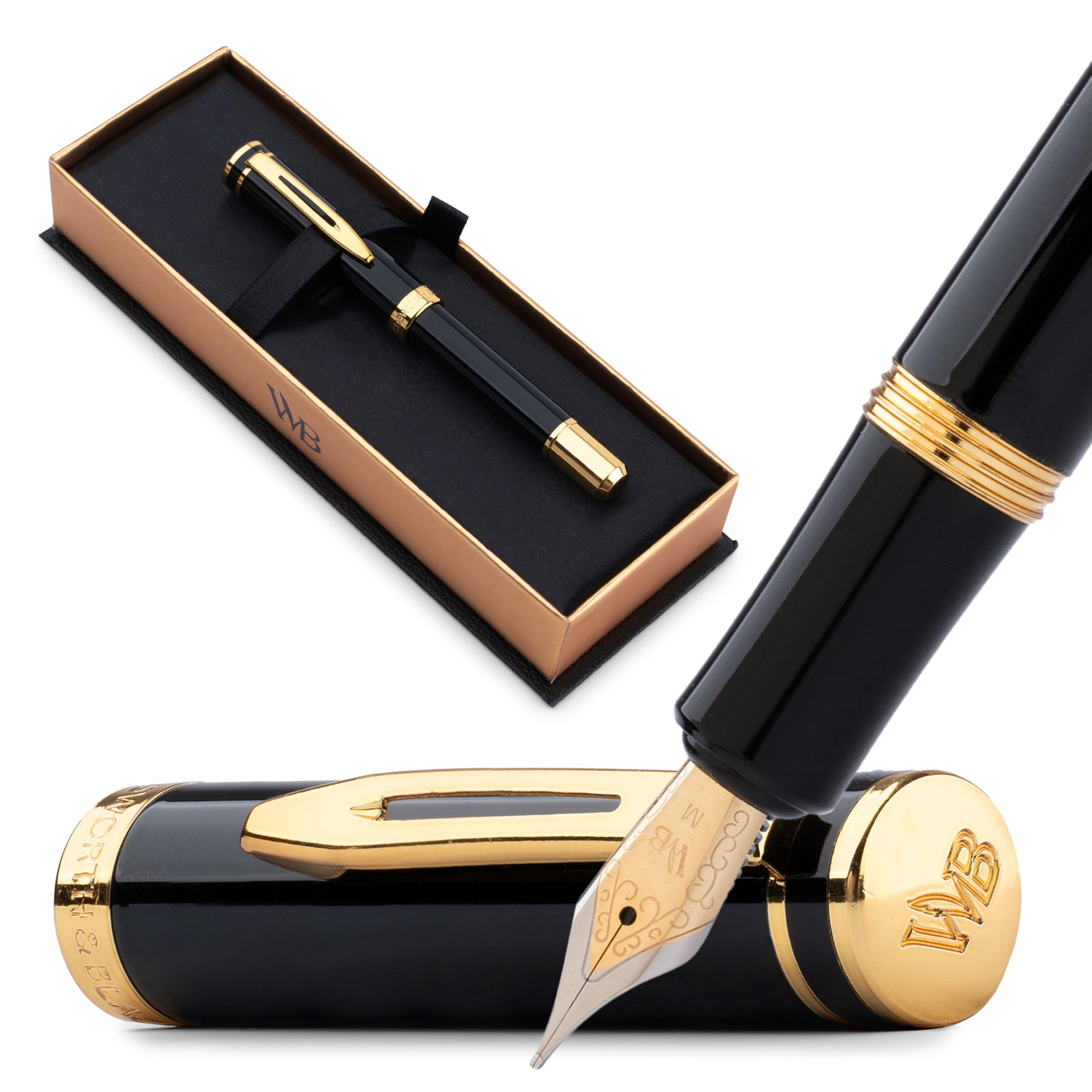 Wordsworth and Black Fountain Pen Mini EDC: Luxury Black Heavy Pocket Pen, Gold Finish, Medium Nib, 6 Ink Cartridges