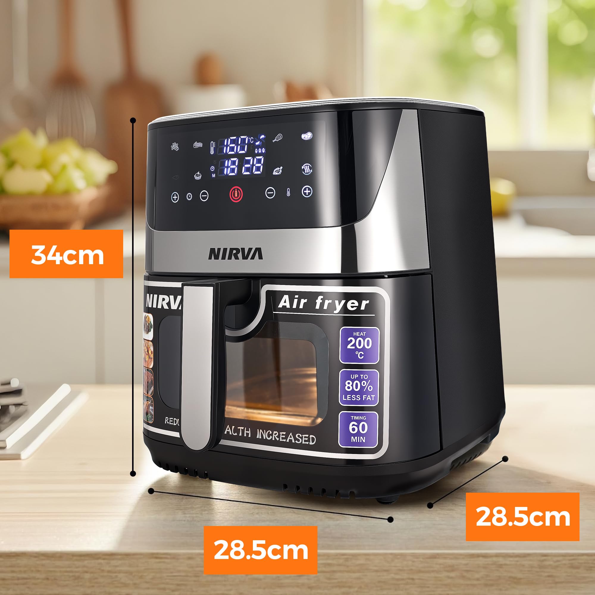 Nirva Heißluftfritteuse 8,5 L, ölfrei, 1700W große Airfryer, Rösten, Backen, Air Fry, Antihaftbeschichtet, Spülmaschinenfester Korb, Sichtfenster, Schwarz/Edelstahl, Für Einzelpersonen oder Familien