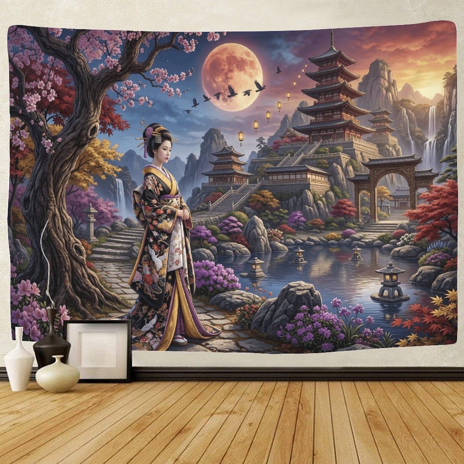 GPMNBCXZK Japanese Geisha 3D Wall Art Traditional Pagoda Decor Bedroom Living Room Tapestry 130cmx150cm