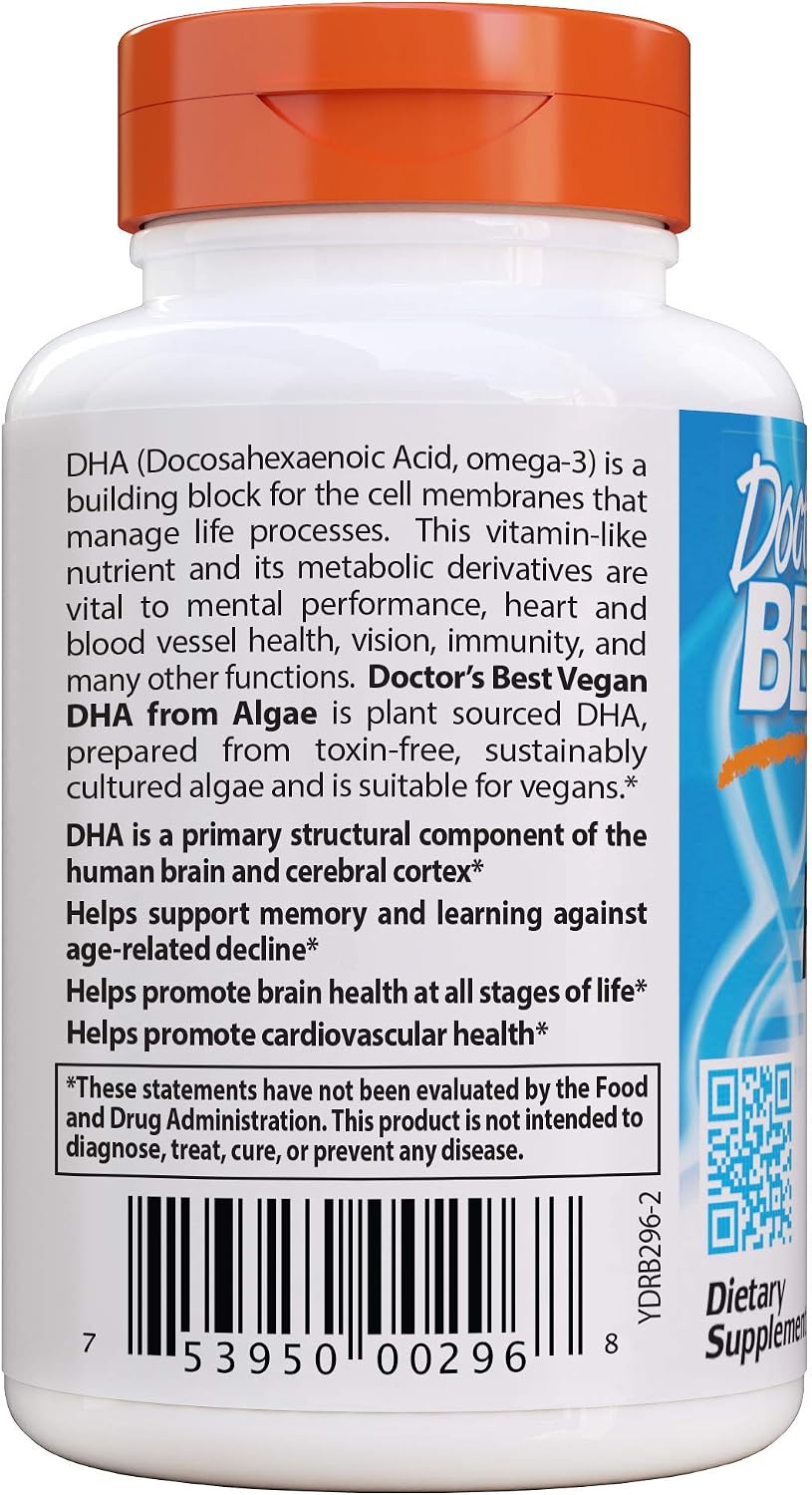 Doctor's Best Vegetarian DHA from Algae, Non-GMO, Vegan, Gluten Free, 200 mg, 60 Count