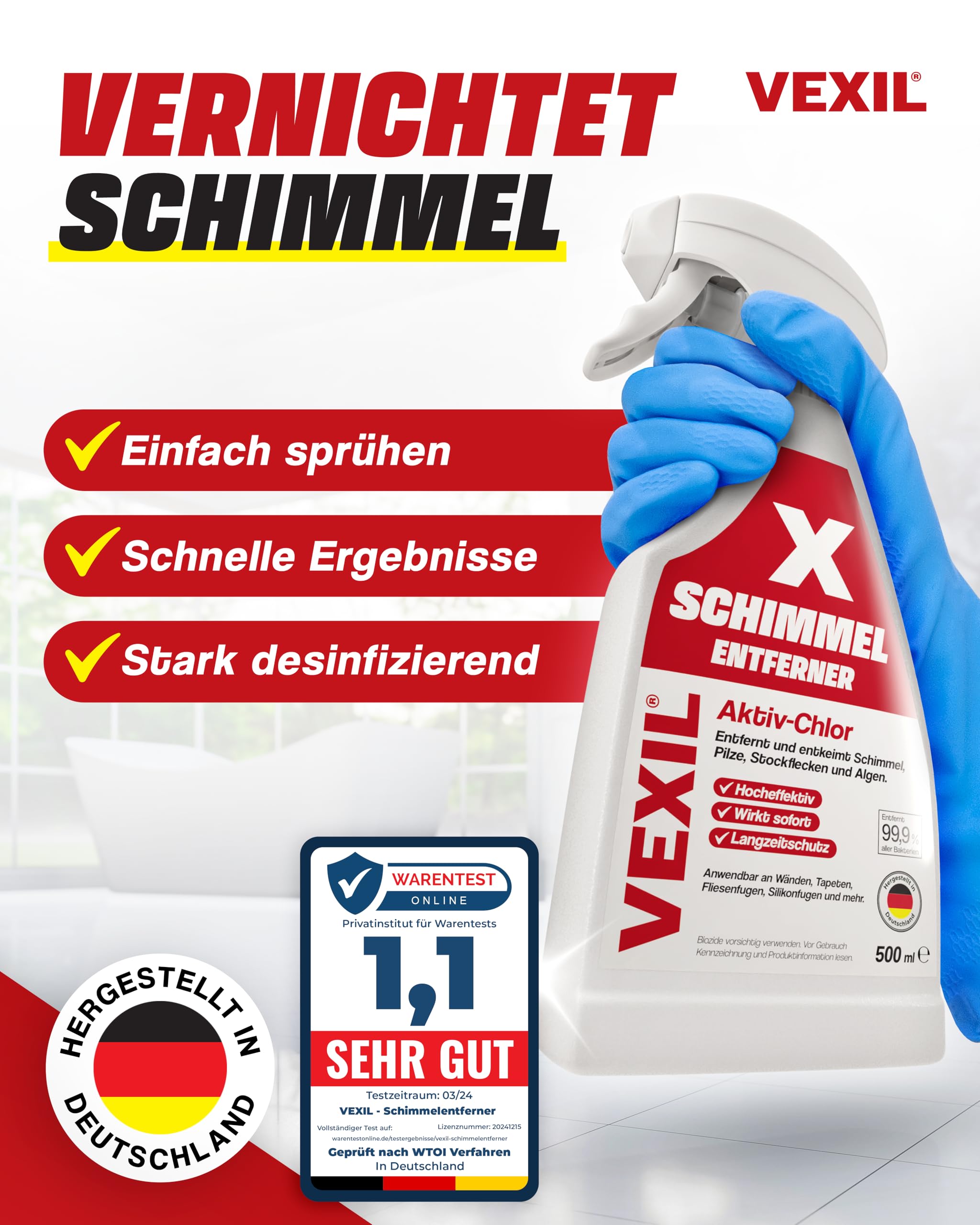 VEXIL Schimmelbekämpfung Duo – Schimmelentferner mit AKTIV-CHLOR + Schimmelschutz Spray – Schimmel entfernen & Neubefall verhindern – Bis zu 18 Monate Langzeitschutz – 2x 500 ml – Made in Germany