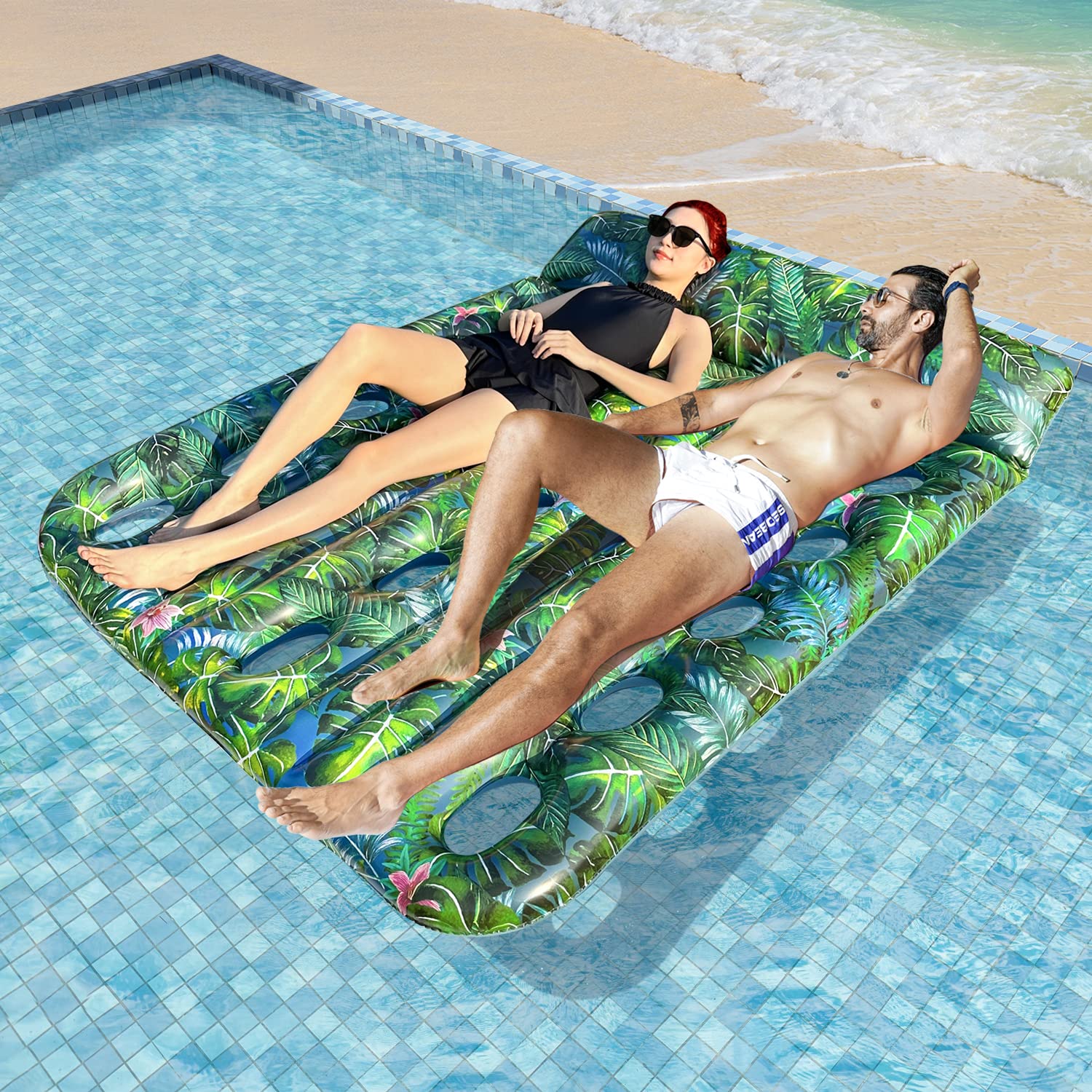 FindUWill Inflatable Pool Floats Raft, 2 Pack Pool Floats with Headrest for Adults, X-Large, Cooling Pool Floaties Contour Lounger (Monstera Green & Monstera Blue)