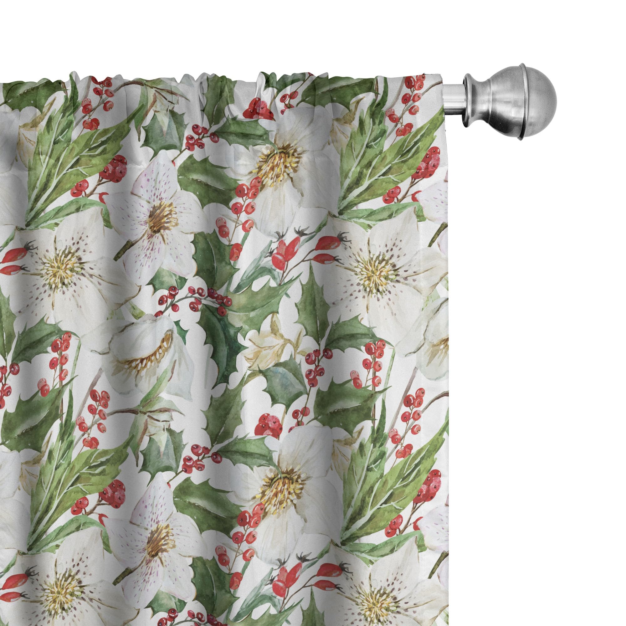 Ambesonne Watercolor Window Curtains Pack of 2, Christmas Themed Floral Poinsettia Berries Winter Inspirations Leaf, Lightweight Set with Rod Pocket,