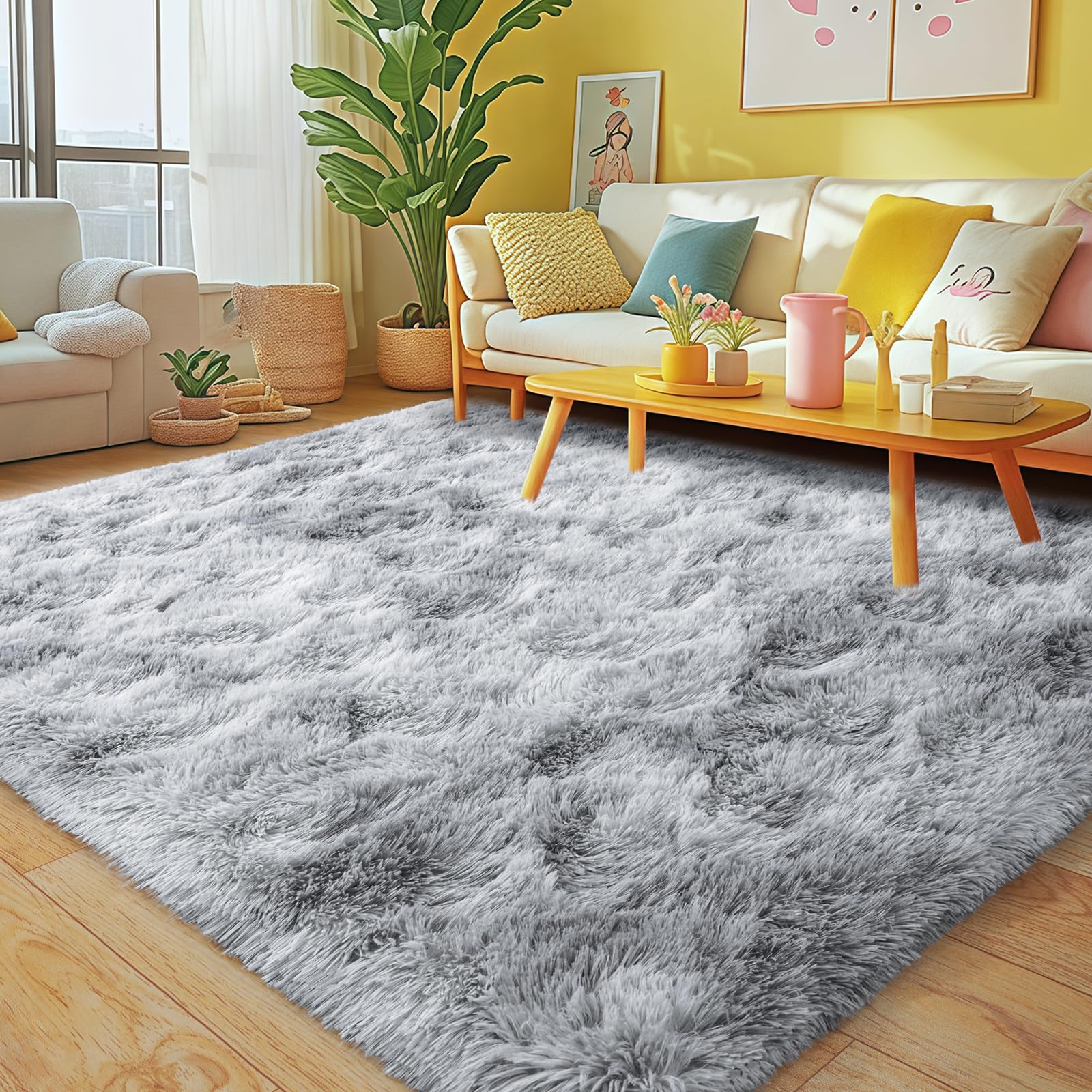 Rezutan Rugs for Living Room, Area Rug 4x6 Fluffy Rug Carpet, Soft Shaggy Modern Floor for Kids Boys Girls Bedroom, Plush Fuzzy Dorm Rug,Grey Tie-Dyed