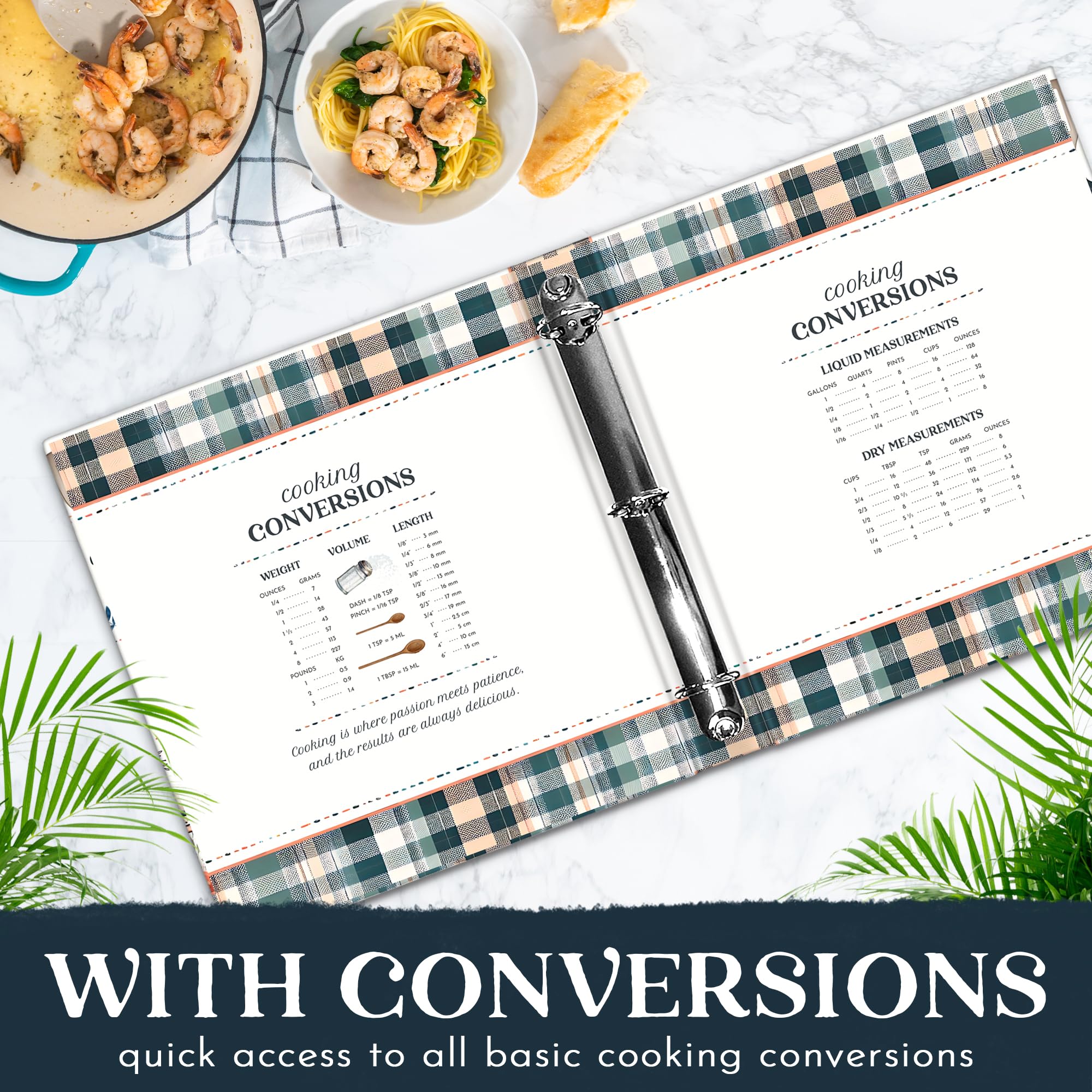 Raccoglitore per ricette deluxe, raccoglitore a 3 anelli per libri di cucina a quadri con 12 divisori personalizzati, 25 pagine protettive, schede per ricette spaziose, tabella di conversione della