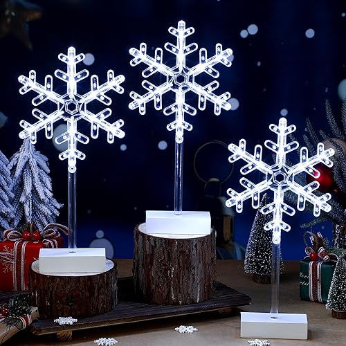 Riakrum 3 piezas de decoración de mesa de Navidad iluminada, decoración de mesa de copo de nieve, luces de noche de Navidad, funciona con pilas,