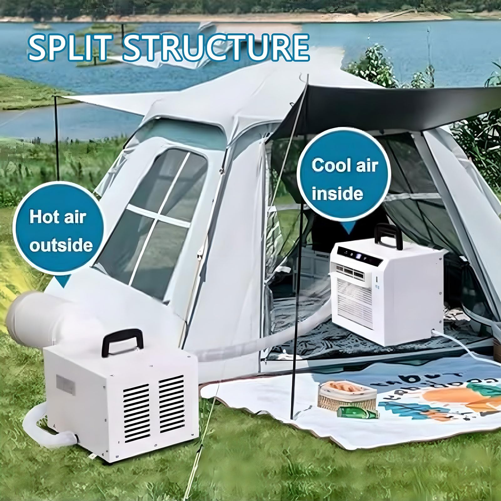 Split Design Przenośny klimatyzator AC — 3000 BTU ze sterowaniem dotykowym/zdalnym/WiFi — Zegar 24-godzinny i konstrukcja z górnym uchwytem — do kempingu/ciężarówki/samochodu kem 1.5m Connecting Pipe
