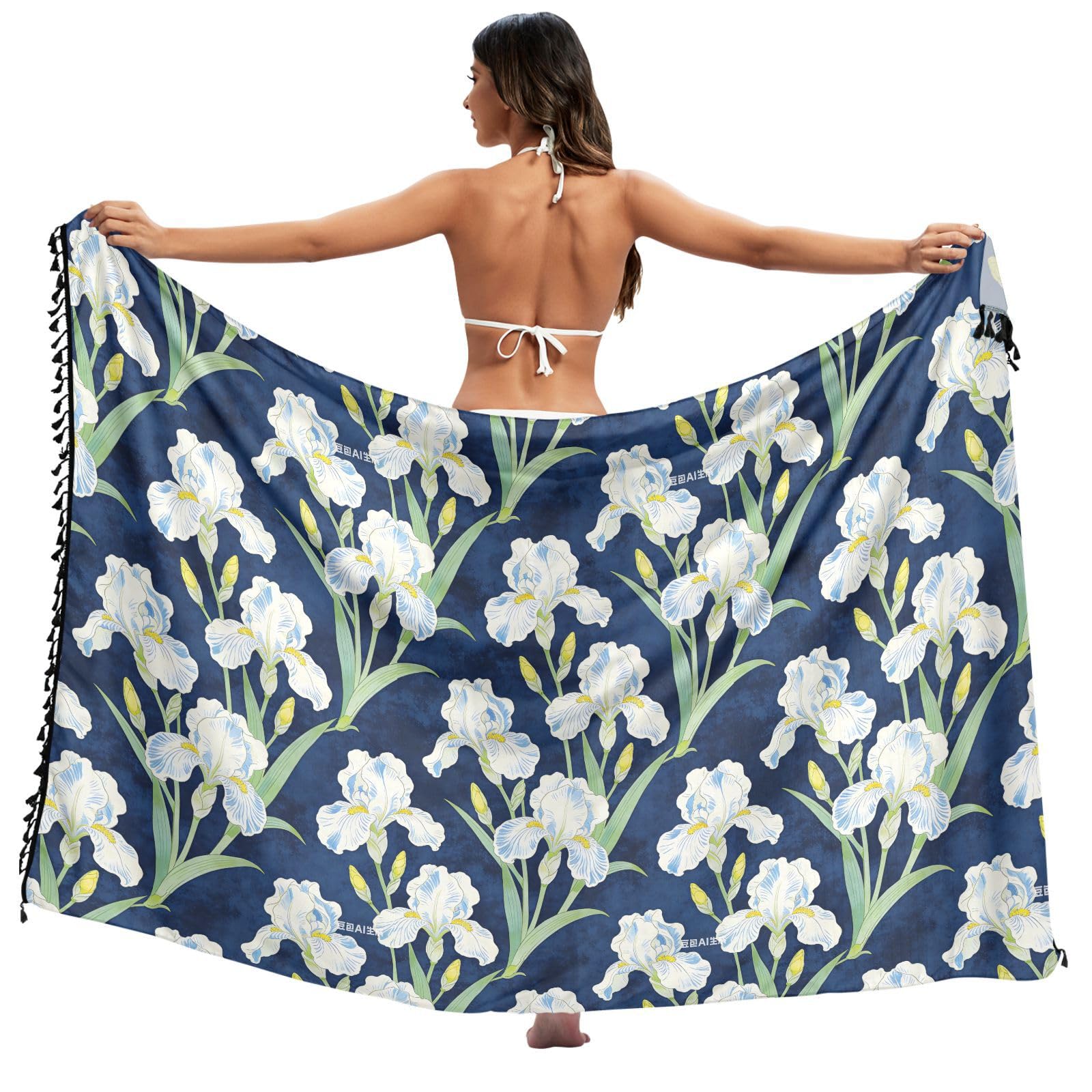 Falda para traje de baño William Morris con diseño de iris blanco floral 8