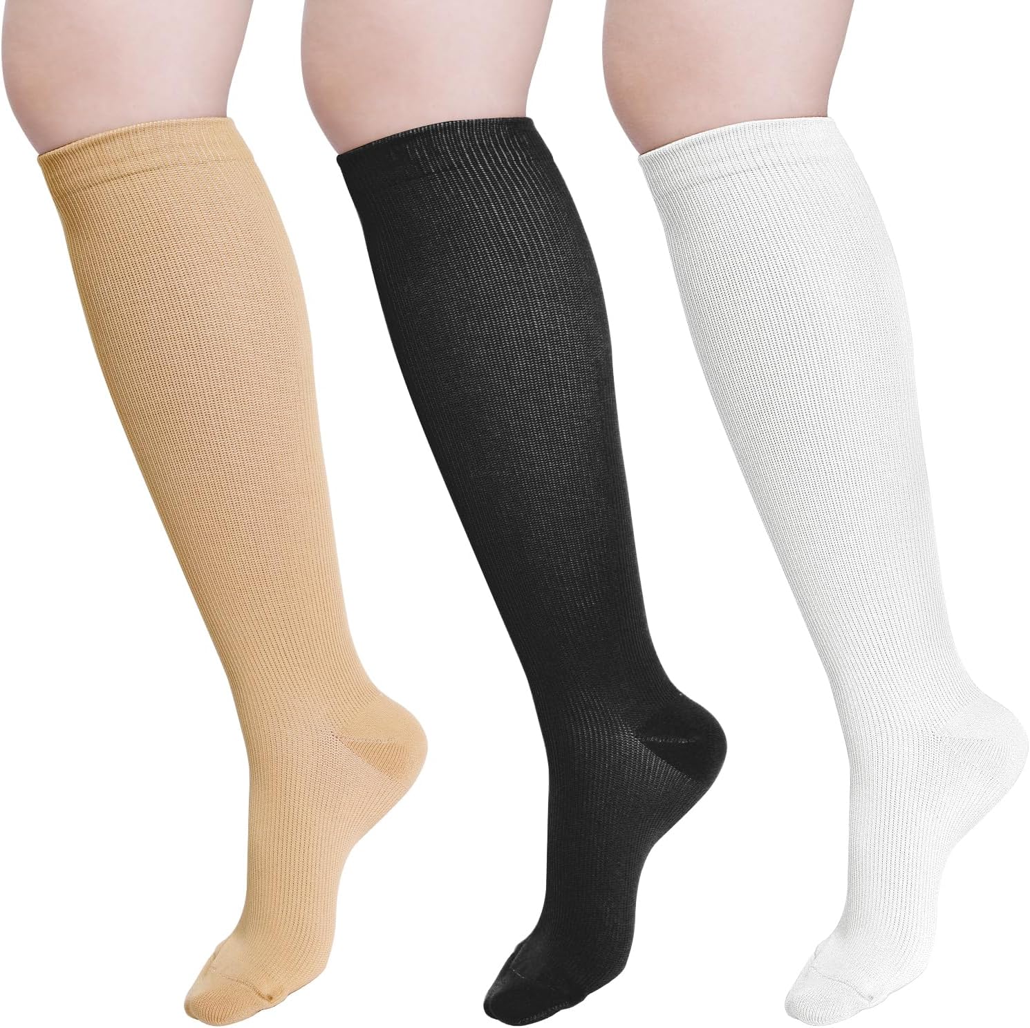 Compression Flight Socks for Women Men, 3 Pairs Surgical Compression Stockings Knee High Support Socks for Sport Pregnancy Nursing Varicose Veins Travel Work 20-25 mmHg