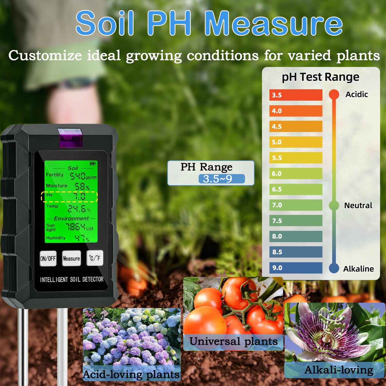 Testeur d'humidité du Sol，Testeur Sol 6 en 1，Hygrometre Plante avec pH Humidité Fertilité du Sol Lumière du Soleil Détection de Température Testeur Humidité Plante， Adapté au Jardinage et Aux Plantes