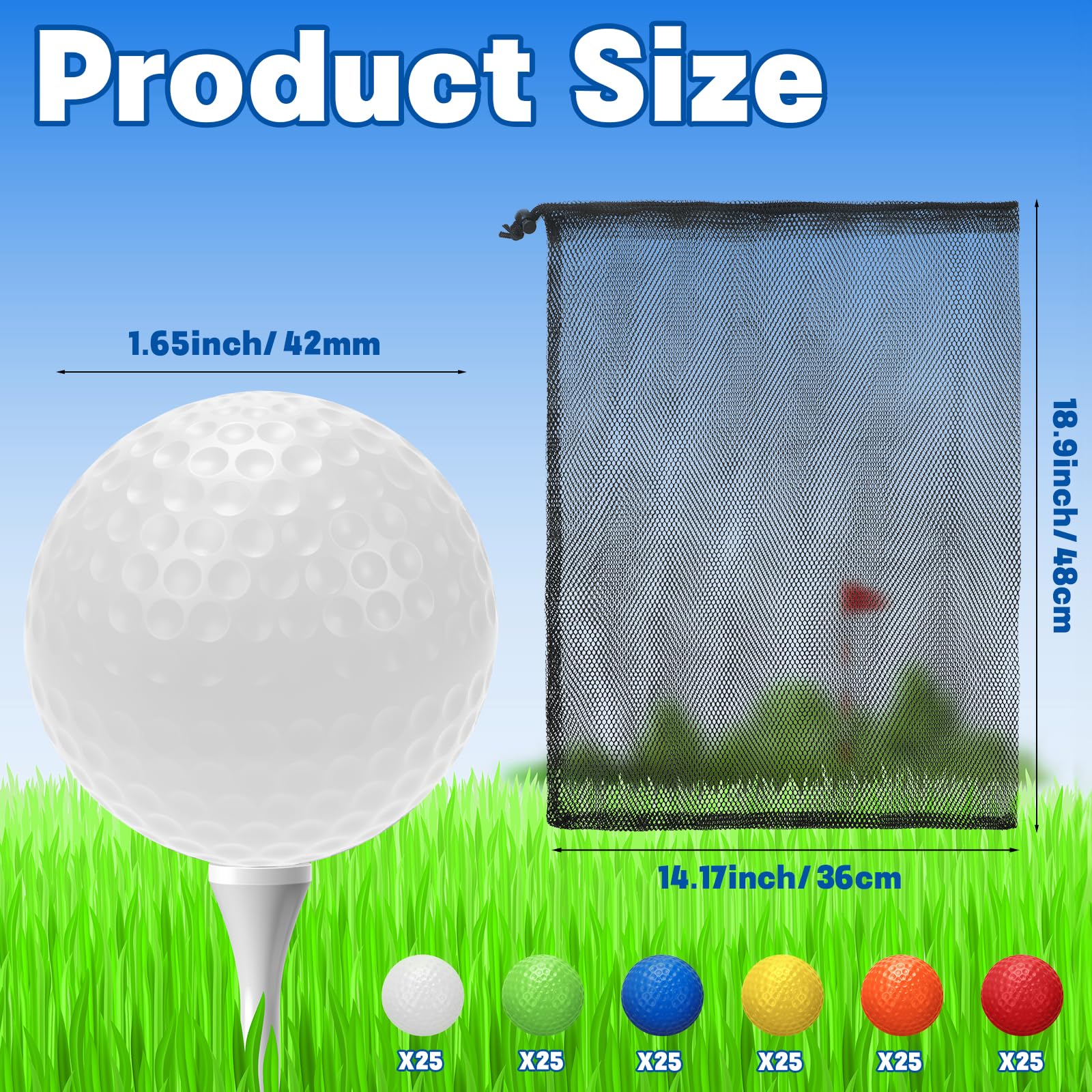 Coopay 72/150/300 Stück Übungsgolfbälle, 42 mm, Kunststoff-Golf-Trainingsbälle mit Kordelzugbeutel, hohl, Sportbegrenzter Flug, für Schwungübungen, Driving Range, Hinterhof, Zuhause, Innen- und
