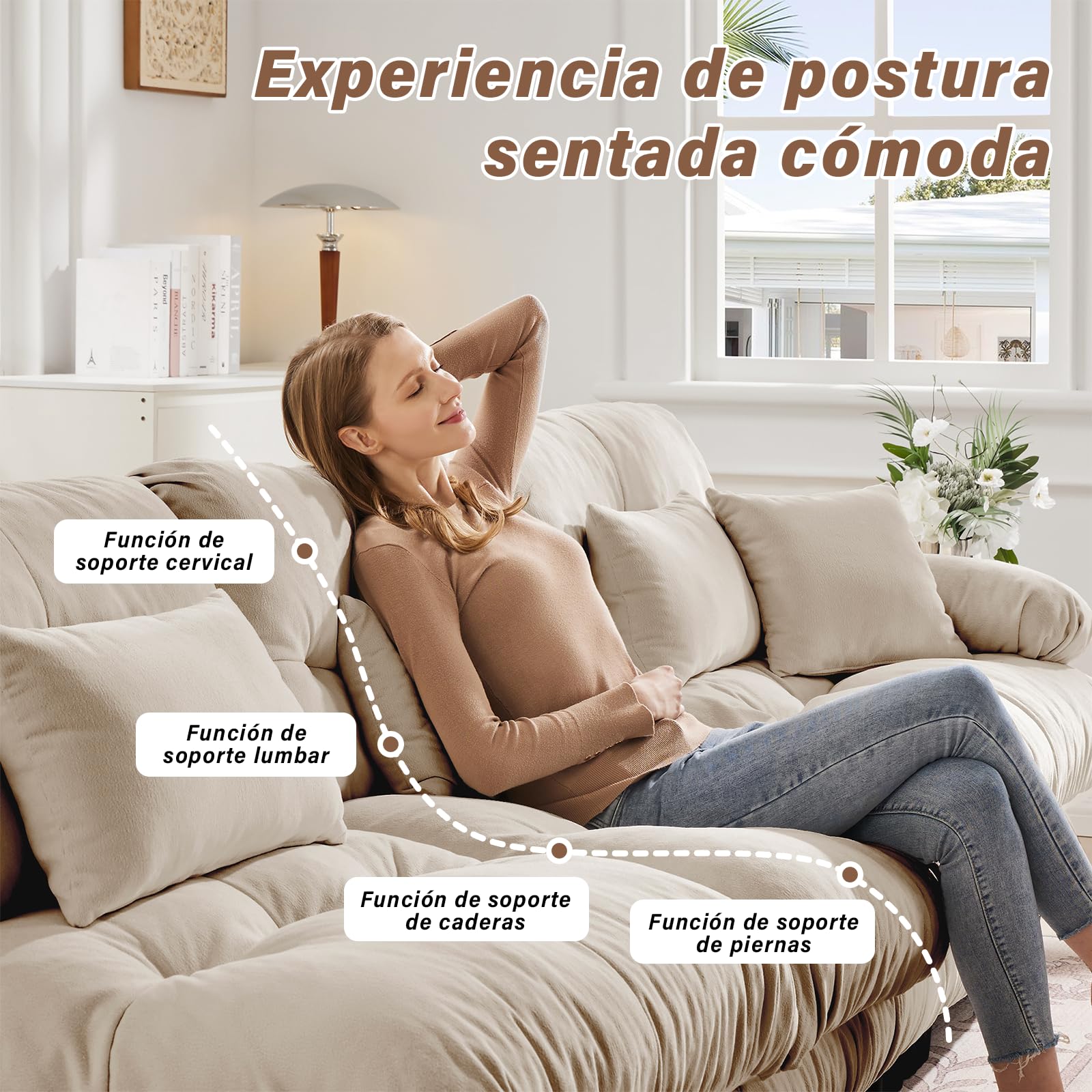 SoarFlash Sofá L Modular de 2 plazas para salón Moderno, sofá Nube de Tela Chenille con reposabrazos, marrón Claro, 145×220cm