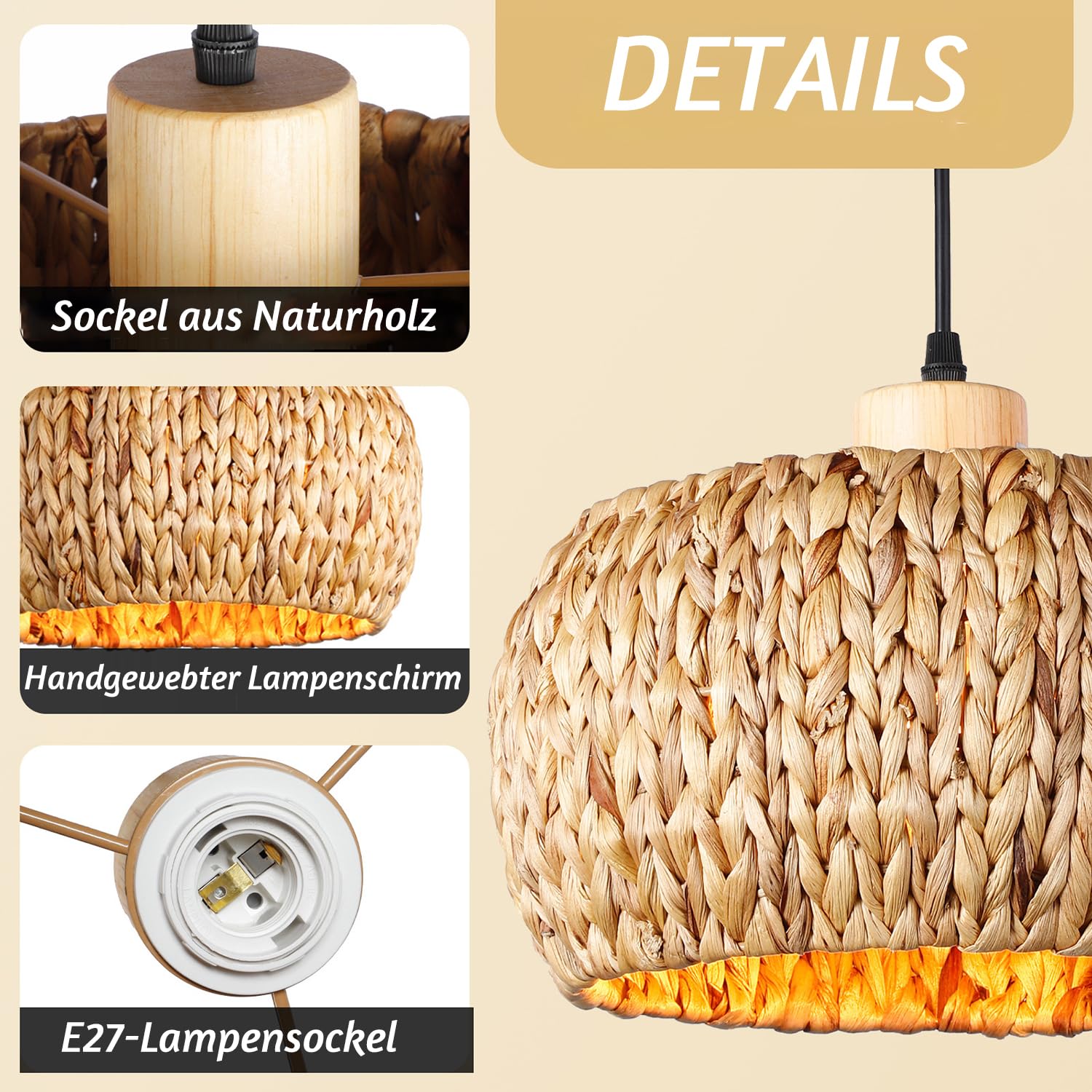Lámpara colgante Boho de ratán E27 con batería, lámpara colgante vintage de bambú regulable con mando a distancia, lámpara colgante con bombillas RGB recargables para comedor, sin necesidad de