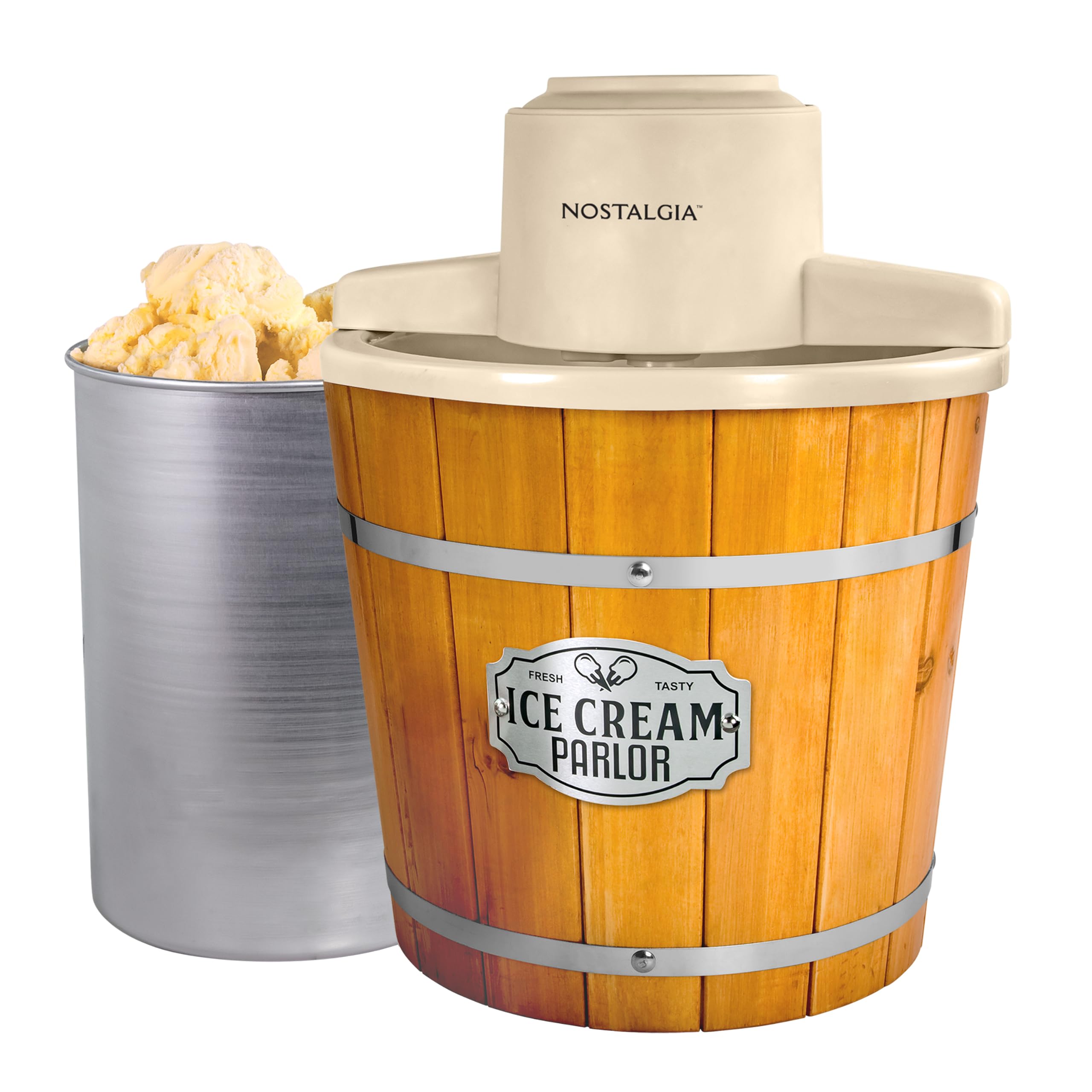Nostalgia Electric Ice Cream Maker With 4 Qt Capacity- Old Fashioned Ice Cream Machine Makes Frozen Yogurt or Gelato in Minutes- Vintage Wooden Style Ice Cream Maker with Aluminum Canister- Light Wood