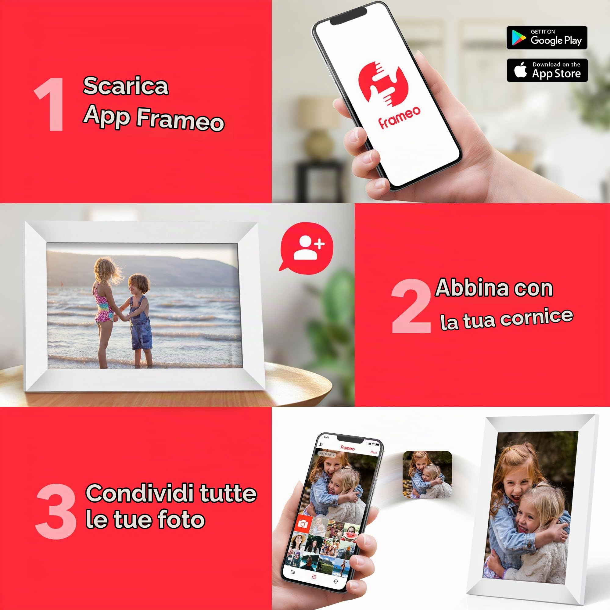 Cornice Digitale WiFi - 10 Pollici, Cornici Digitali Smart Touchscreen IPS HD, con 16GB Conservazione, Rotazione Automatica, Cloud Cornice Foto Digitale/Condividi Foto con l'App Frameo,Bianco