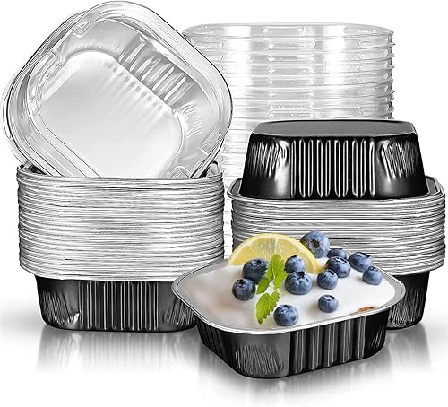 Geiserailie 40 juegos de mini sartenes de aluminio con tapas, molde cuadrado de papel de aluminio para tartas de 4.4 fl oz4.4 onzas, moldes