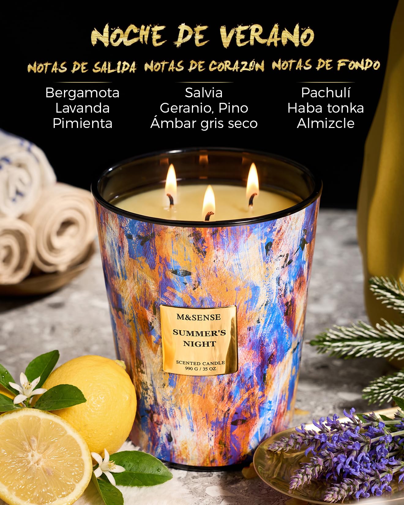 M&SENSE Velas Aromáticas Noche de Verano, 150h Larga Duración, 3 Mechas Velas Bonitas, Cera de Soja 990g Vela Grande, Decoración Hogar, Regalo Original Mujer y Yoga