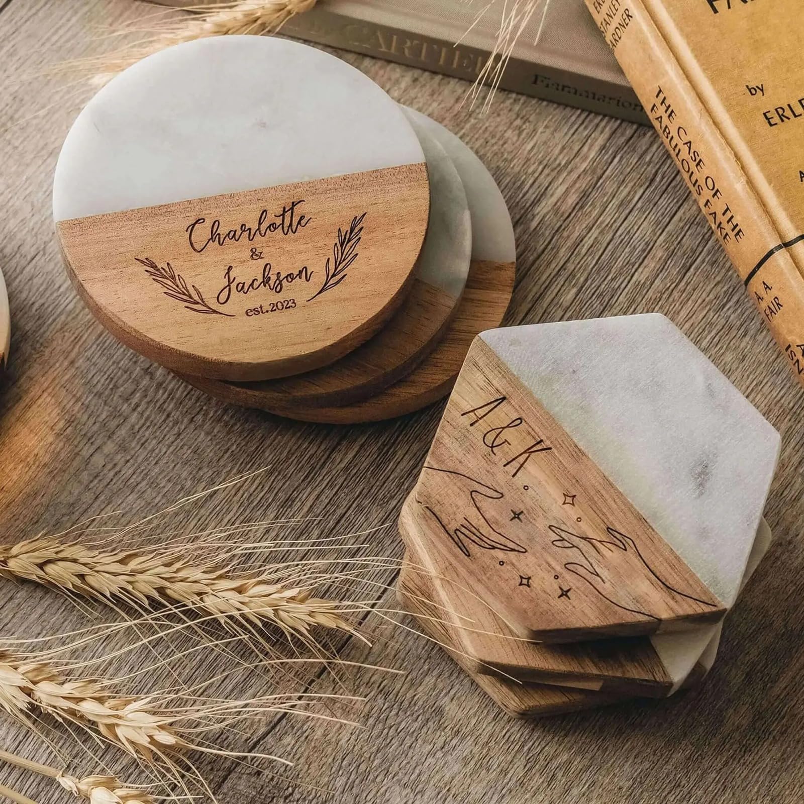 Posavasos personalizados de madera de mármol con nombre grabado redondo/hexagonal, regalos para parejas, para tazas, té, café, bebidas, decoración de mesa (hexágono, 6 piezas)