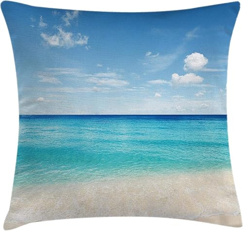 Ambesonne Funda de cojín con diseño de océano, color azul, arena y playa, aguas tranquilas y pacíficas, funda de almohada cuadrada decorativa, 18 x