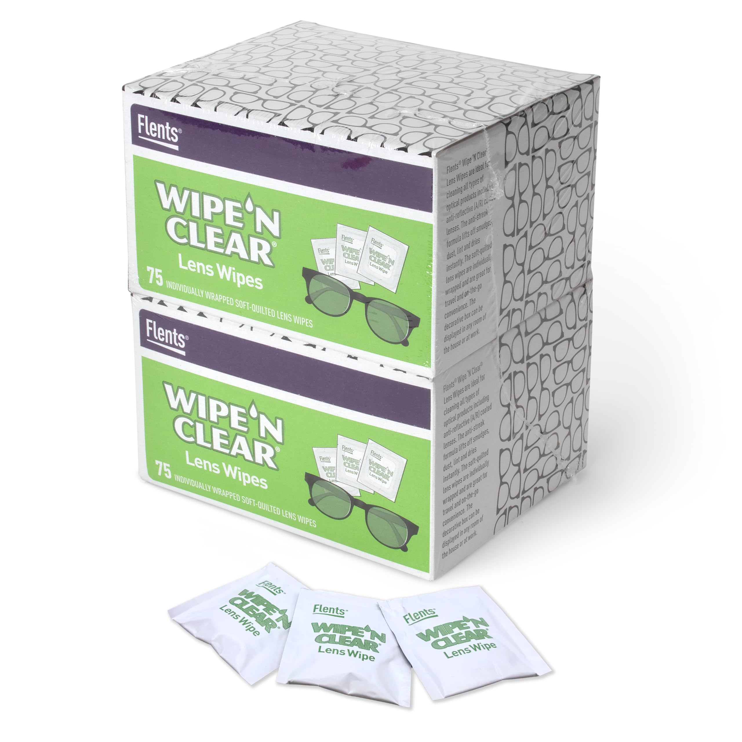 Flents Lens Wipes, Wipe 'N Clear, 150 Count, Pre-Moistened, Streak-Free, Safe for Glasses, Sunglasses, Gentle Cleaning, Clear Vision, Individually Wrapped for Travel & Convenience, Made in the USA