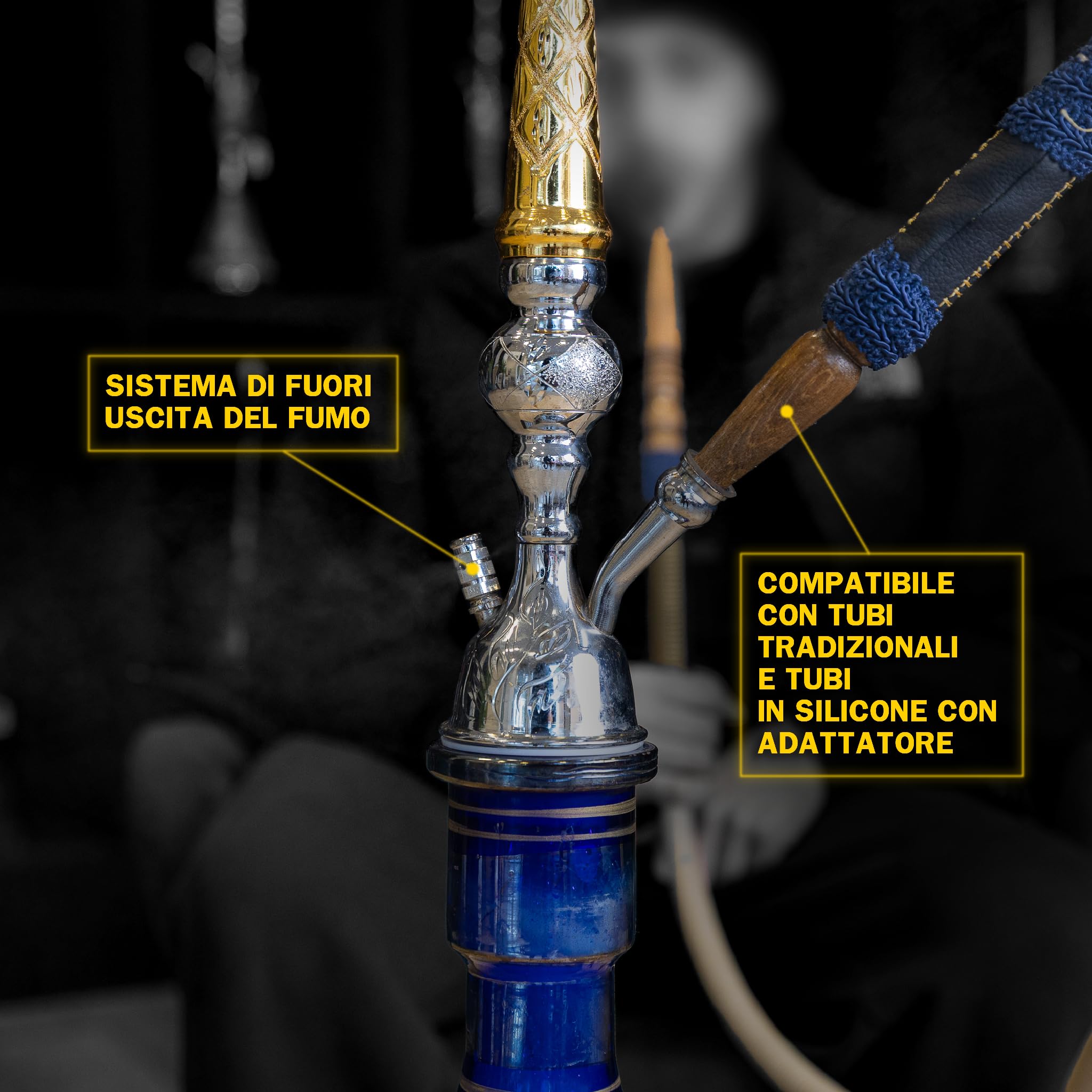 Cachimba Tradicional Al Fakhir 70 cm | Shisha de Latón Dorado con Manguera de Cuero, Cazoleta de Terracota, Gestor de Calor, Pinza y Porta Carbón Dorado