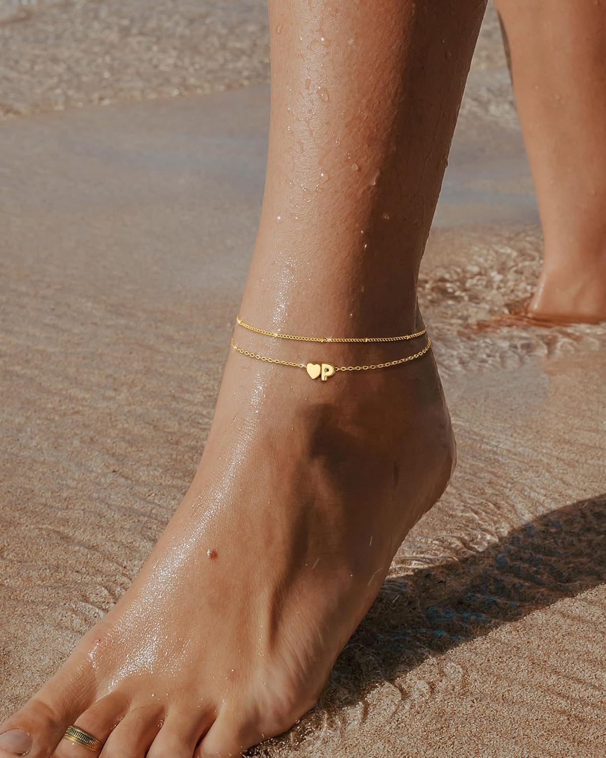 Initial Heart Gold Ankle Bracelets for Women Trendy 14K Gold Plated Dainty Layered Letter A-Z Heart Charm Anklets Set Non Tarnish Adjustable Anklet Handmade Waterproof for Summer Beach Foot Jewelry - Image 8