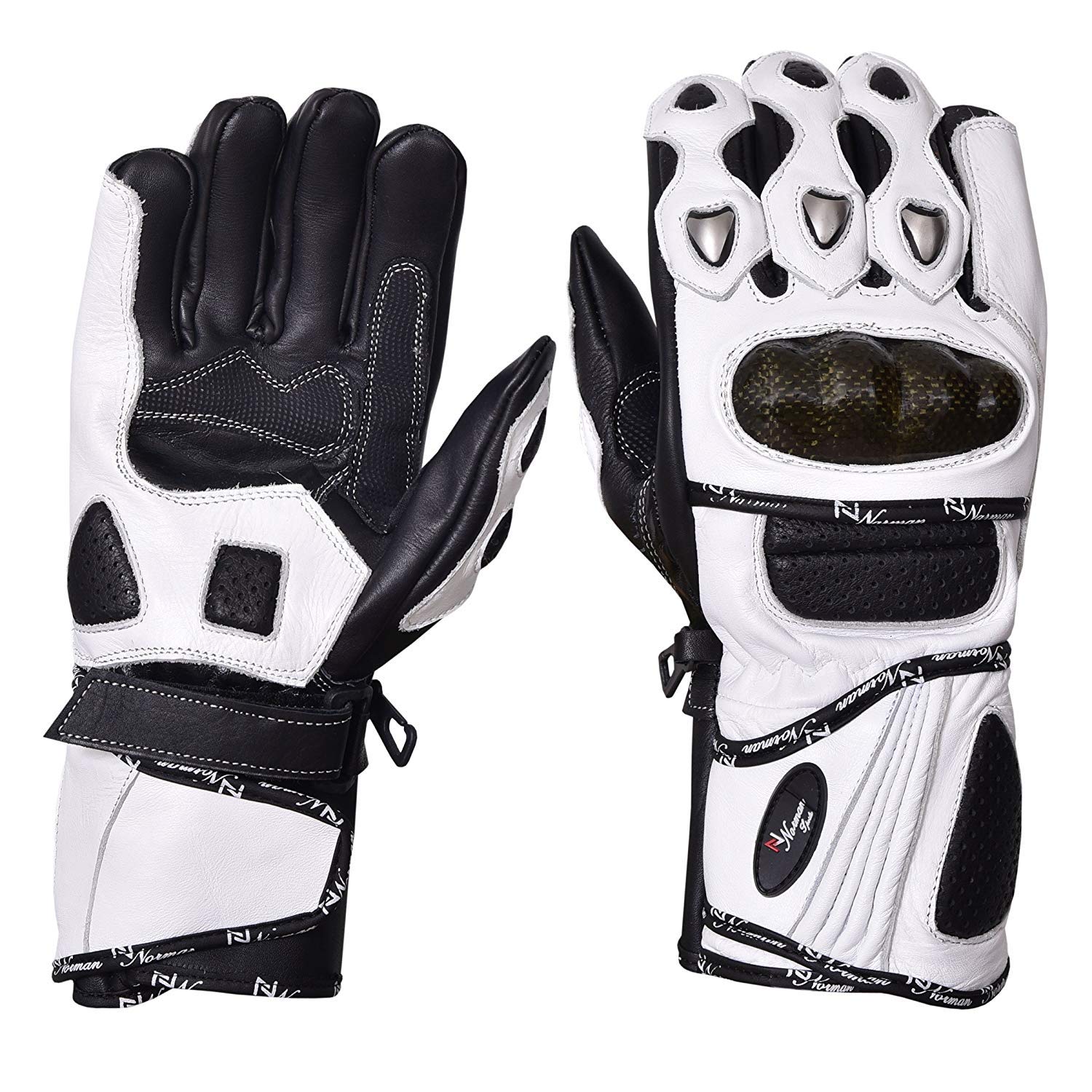 NORMAN Summer Leather Gloves Motorcycle Motorbike Racing Carbon Knuckle White (S)