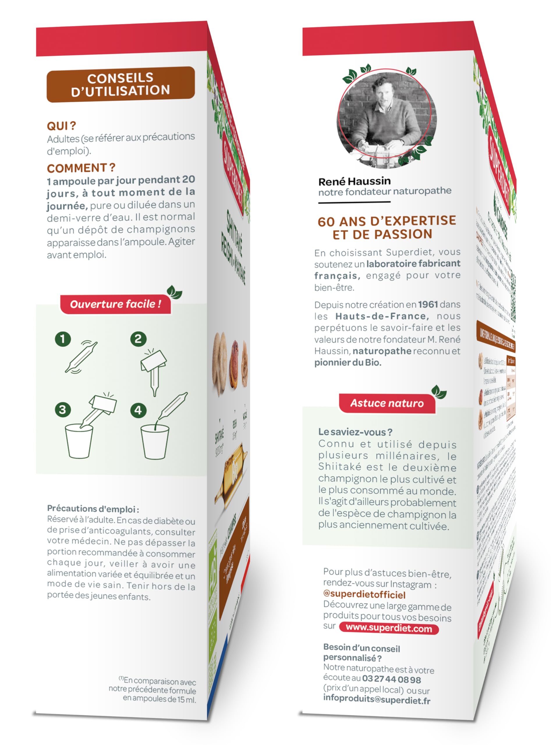 Shiitaké Reishi Maitaké - Champignons 100% français - Immunité - Ampoules | Cure 20 ampoules 10ml-Shiitaké 9000mg, Reishi 375mg, Maitaké 375mg-Méthode culture Japonaise-Fabrication Française-Superdiet
