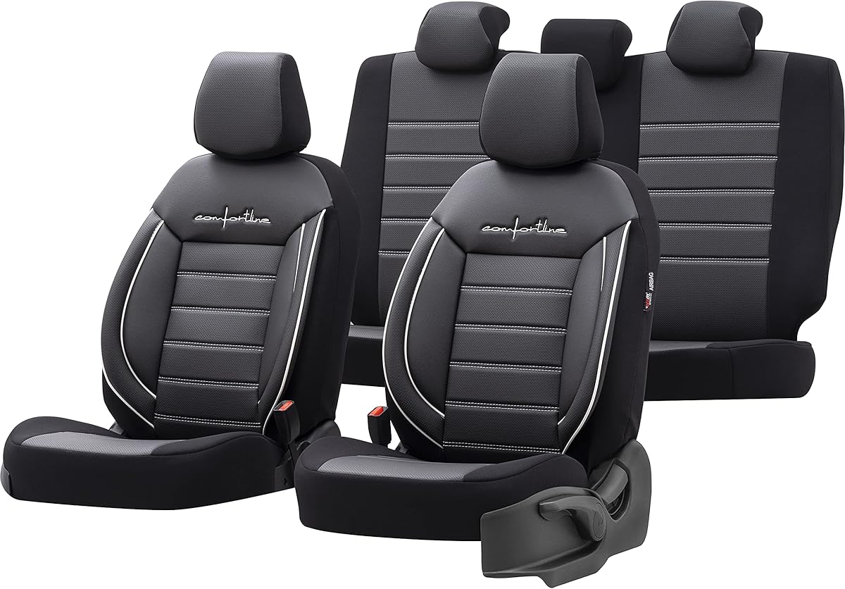 otoM Housse de sièges universel en cuir/textile 'Comfortline' Noir/Gris + Lisière blanc - 11-pièces - adapté aux Side-Airbags