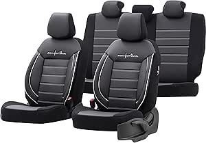 otoM Housse de sièges universel en cuir/textile 'Comfortline' Noir/Gris + Lisière blanc - 11-pièces - adapté aux Side-Airbags