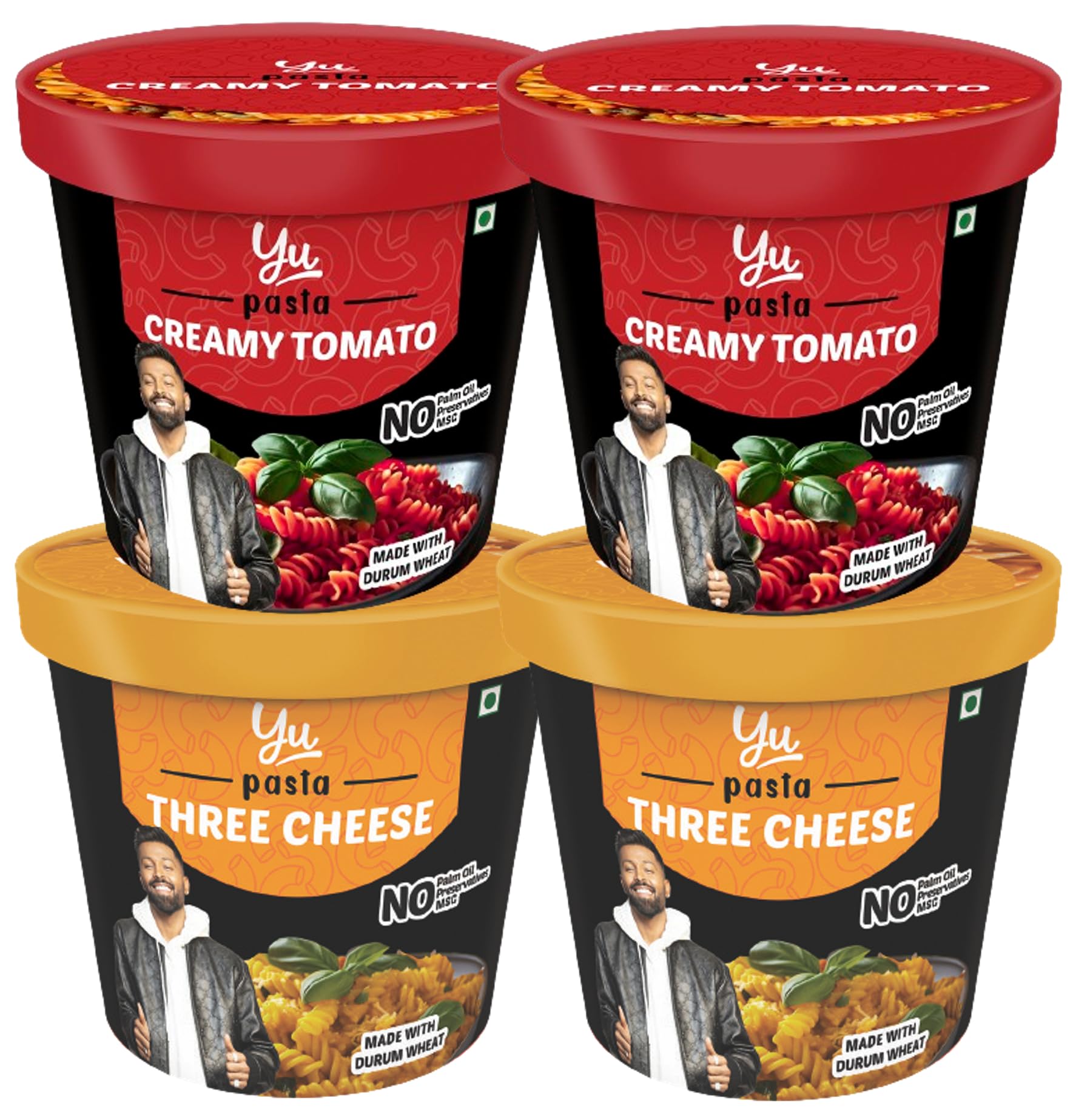 Yu Foodlabs Pasta - Ready to Eat - 2 Three Cheese + 2 Creamy Tomato - Instant Meal - Pack of 4 - No Preservatives & Additives - 100% Natural & Vegetarian - Instant Food in 4 mins - 800 GMS