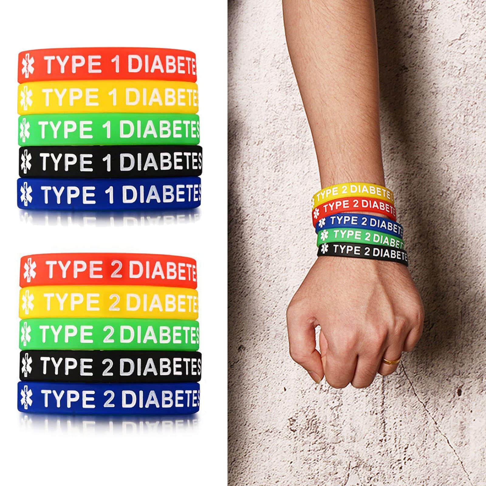 Pulseras de silicona para diabéticos tipo 1/2, impermeables, 7.5 pulgadas, unisex
