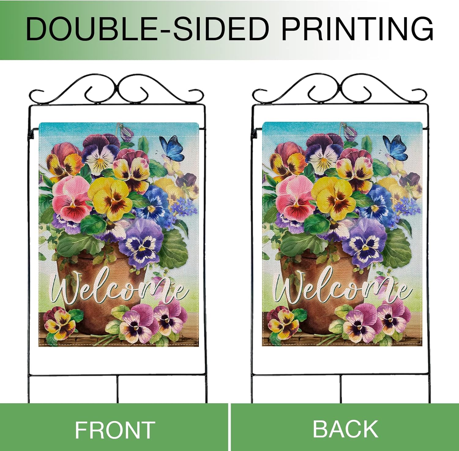 Hzppyz Welcome Spring Pansy Floral Garden Flag Double Sided, Flower Pot Arrangement Decorative House Yard Lawn Outdoor Small Decor, Summer Holiday Butterfly Farmhouse Home Outside Decorations 28 x 40