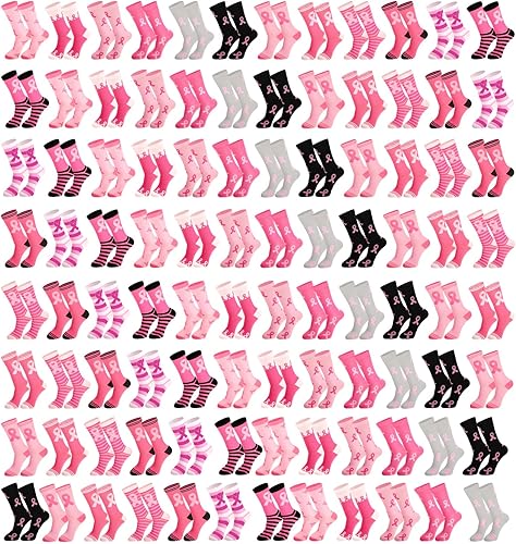 Hercicy 96 pares de calcetines de concientización sobre el cáncer de mama, calcetines deportivos de cinta rosa para concientización sobre el cáncer