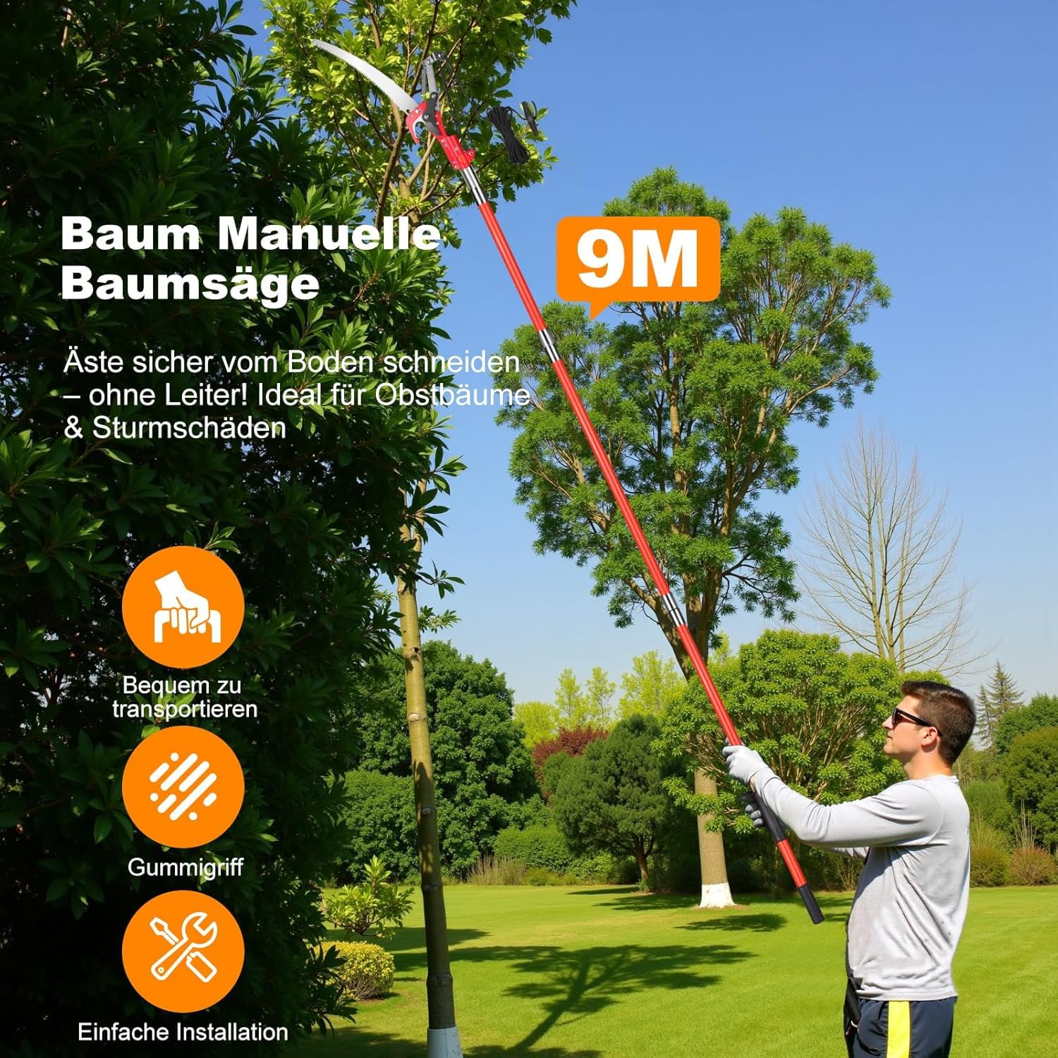 Coupe-Branches Télescopique 2-en-1 9m Perche en Fibre de Verre, Élagueur Professionnel avec Scie Acier 65Mn (∅10cm) et Sécateur à Poulie - Taille Arbres Fruitiers & Jardin